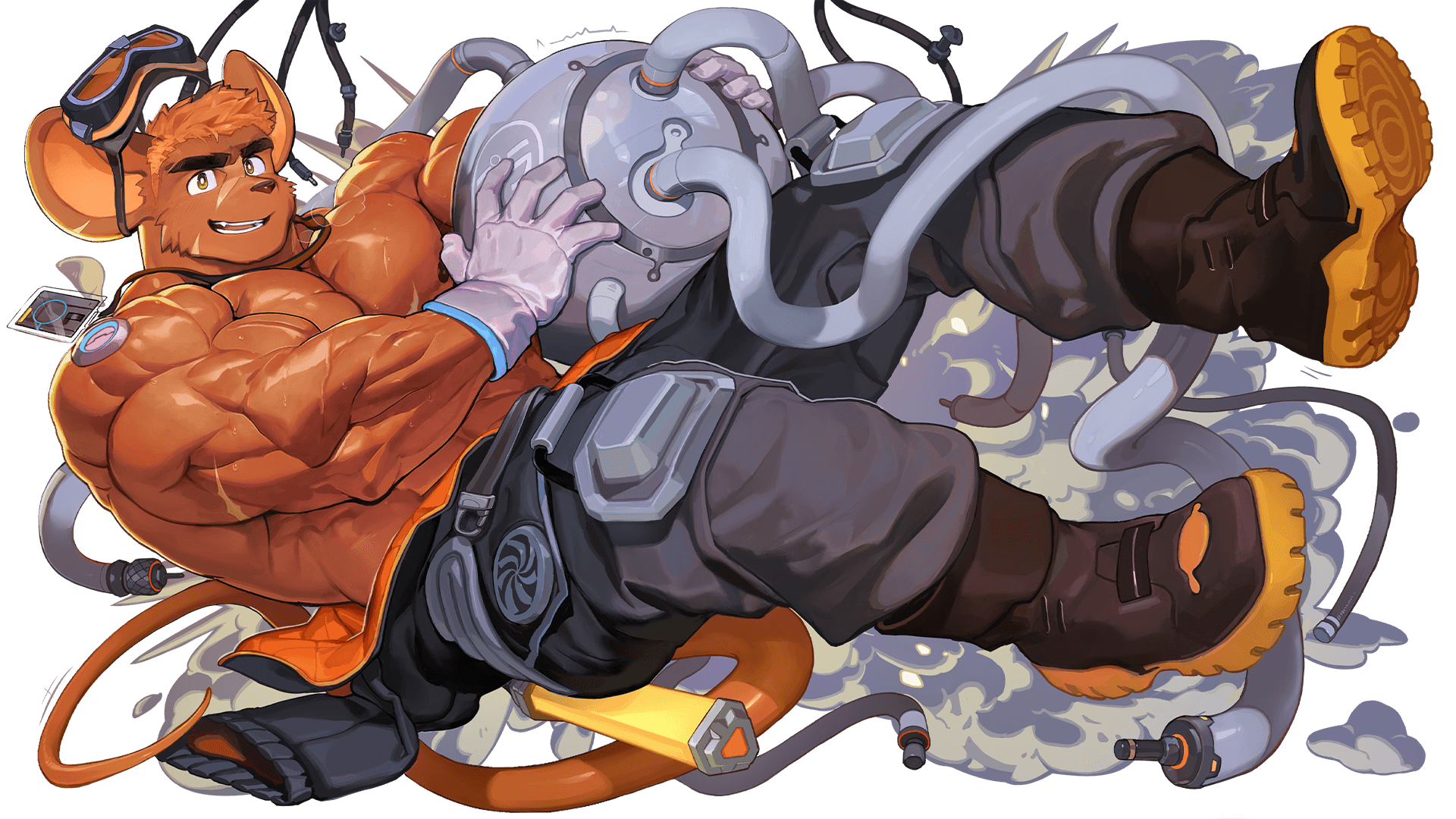 uleez, another eidos-r, highres, official art, 1boy, animal ears, bara, biceps, bodysuit, boots, bright pupils, broad shoulders, brown boots, brown eyes, brown hair, cable, calhoun (another eidos), facial scar, fang, full body, gloves, goggles, holding orb, jewelry, large pectorals, looking at viewer, male focus, mouse ears, mouse tail, muscular, muscular male, necklace, pectorals, scar, scar on arm, scar on cheek, scar on chest, scar on ear, scar on face, smoke, solo, sweat, tail, thick eyebrows, transparent background, triceps, unworn goggles, white pupils