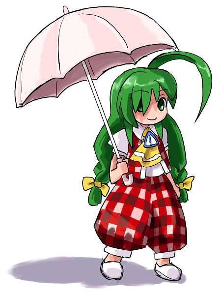 hirosato, kazami yuuka, me-tan, os-tan, touhou, 1girl, ahoge, ascot, braid, cosplay, female focus, green eyes, green hair, huge ahoge, kazami yuuka (cosplay), matching hair/eyes, pants, plaid clothes, plaid pants, plaid vest, solo, twin braids, umbrella, vest