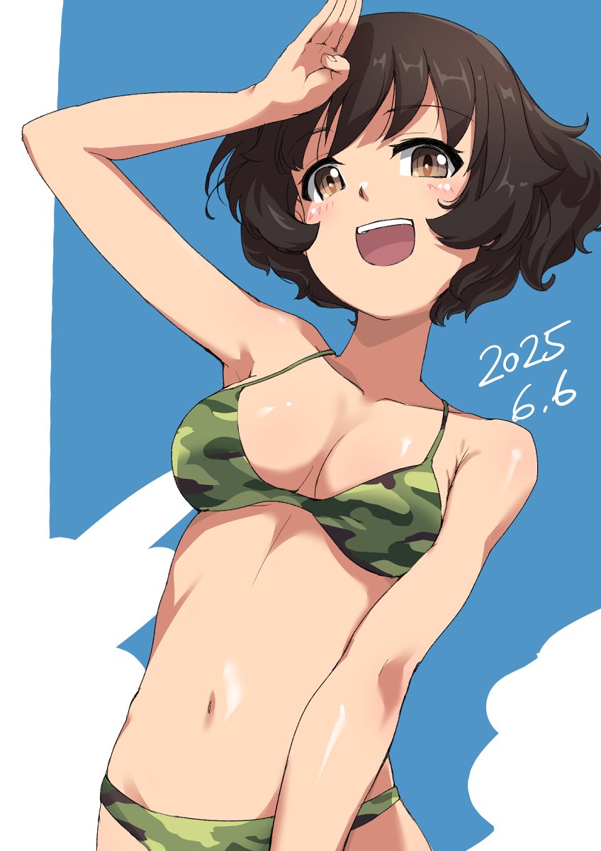 buchikaki, akiyama yukari, girls und panzer, highres, 1girl, bikini, blush, breasts, brown eyes, brown hair, camouflage, camouflage bikini, cleavage, collarbone, dated, large breasts, looking at viewer, navel, open mouth, salute, short hair, smile, solo, swimsuit
