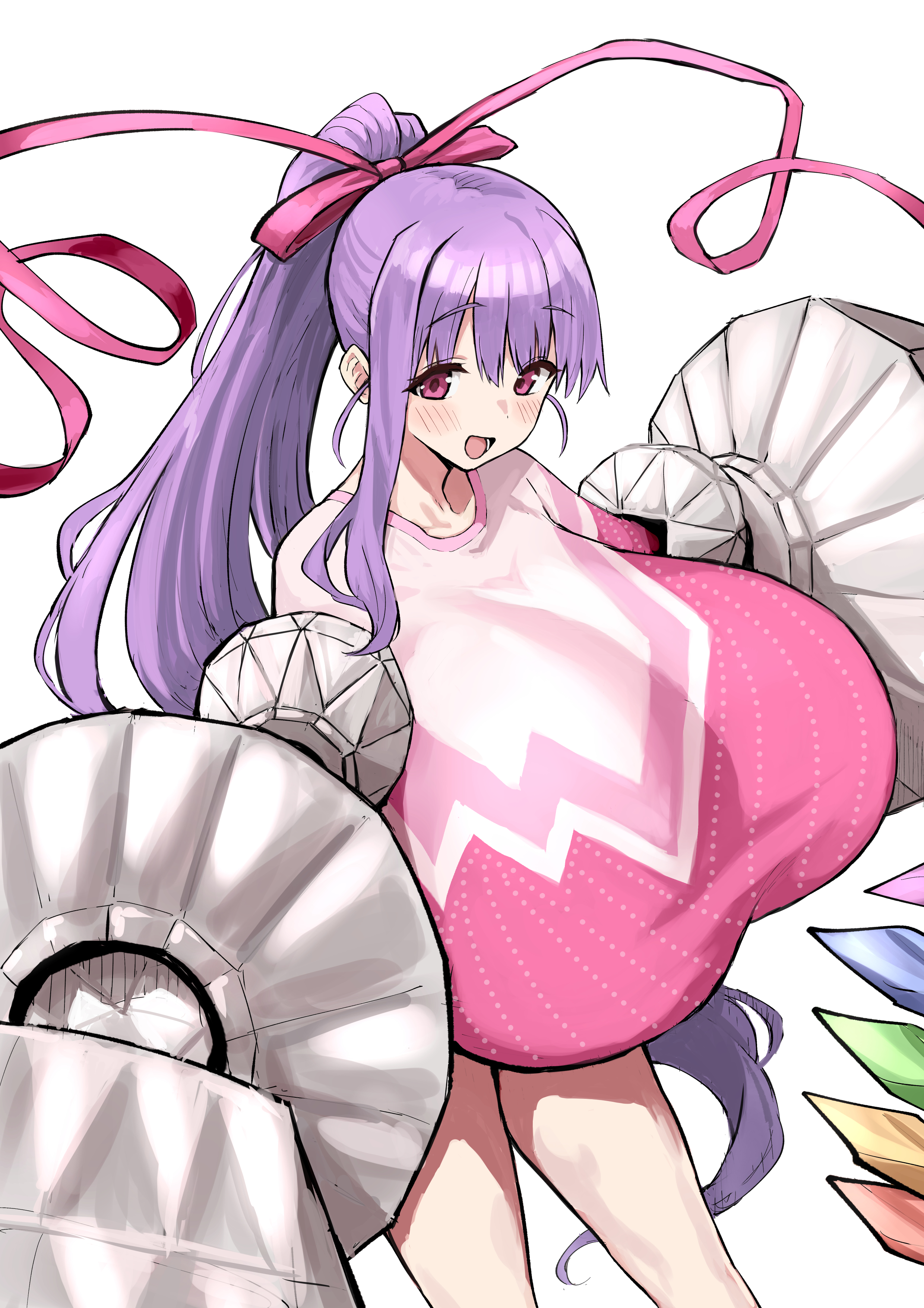passionlip (fate), passionlip (swimsuit saber) (second ascension) (fate), fate/grand order, fate (series), absurdres, highres, 1girl, blush, breasts, claw (weapon), hair ribbon, high ponytail, huge breasts, leotard, long hair, long sleeves, looking at viewer, nakagasukima, open mouth, pink eyes, pink leotard, pink ribbon, ponytail, purple hair, ribbon, sleeved leotard, smile, solo, thighs, very long hair, weapon