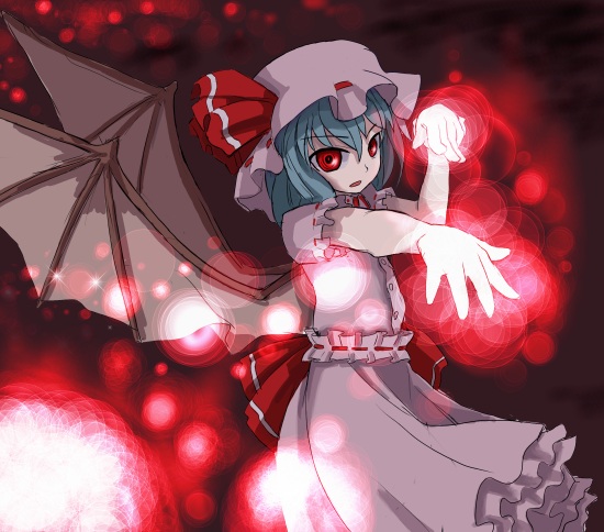 hirosato, remilia scarlet, touhou, 1girl, bat wings, female focus, hat, pink hat, solo, wings