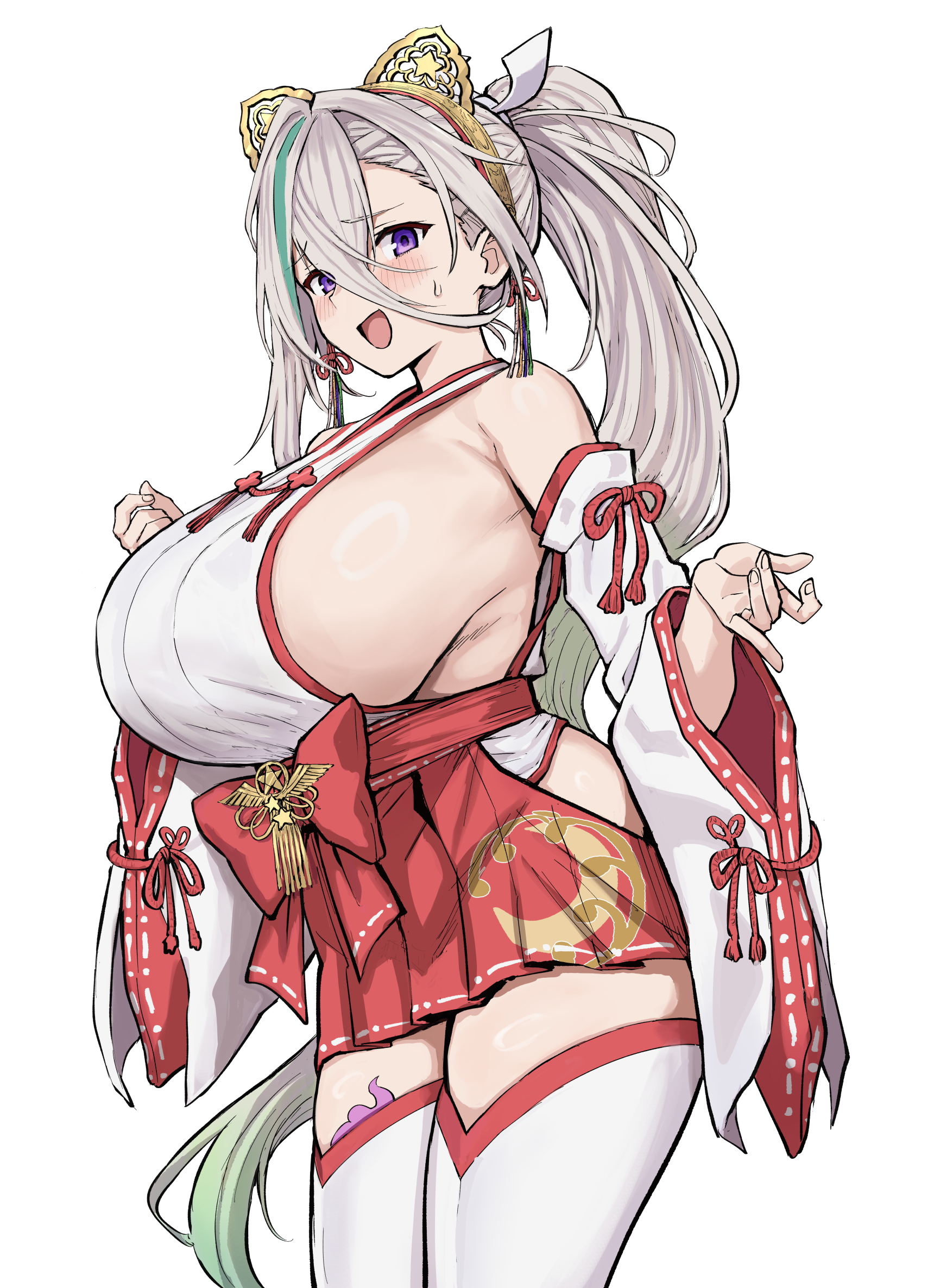 huyan zhuo (fate), fate/grand order, fate (series), highres, variant set, 1girl, animal ear hairband, animal ears, bare shoulders, blush, breasts, cat ears, detached sleeves, fake animal ears, grey hair, hair between eyes, hairband, high ponytail, japanese clothes, kimono, large breasts, long hair, looking at viewer, miko, nakagasukima, nontraditional miko, open mouth, platform sandals, ponytail, purple eyes, red skirt, sandals, sideboob, skirt, sleeveless, sleeveless kimono, smile, solo, thighhighs, thighs, very long hair, white kimono, white thighhighs, wide sleeves