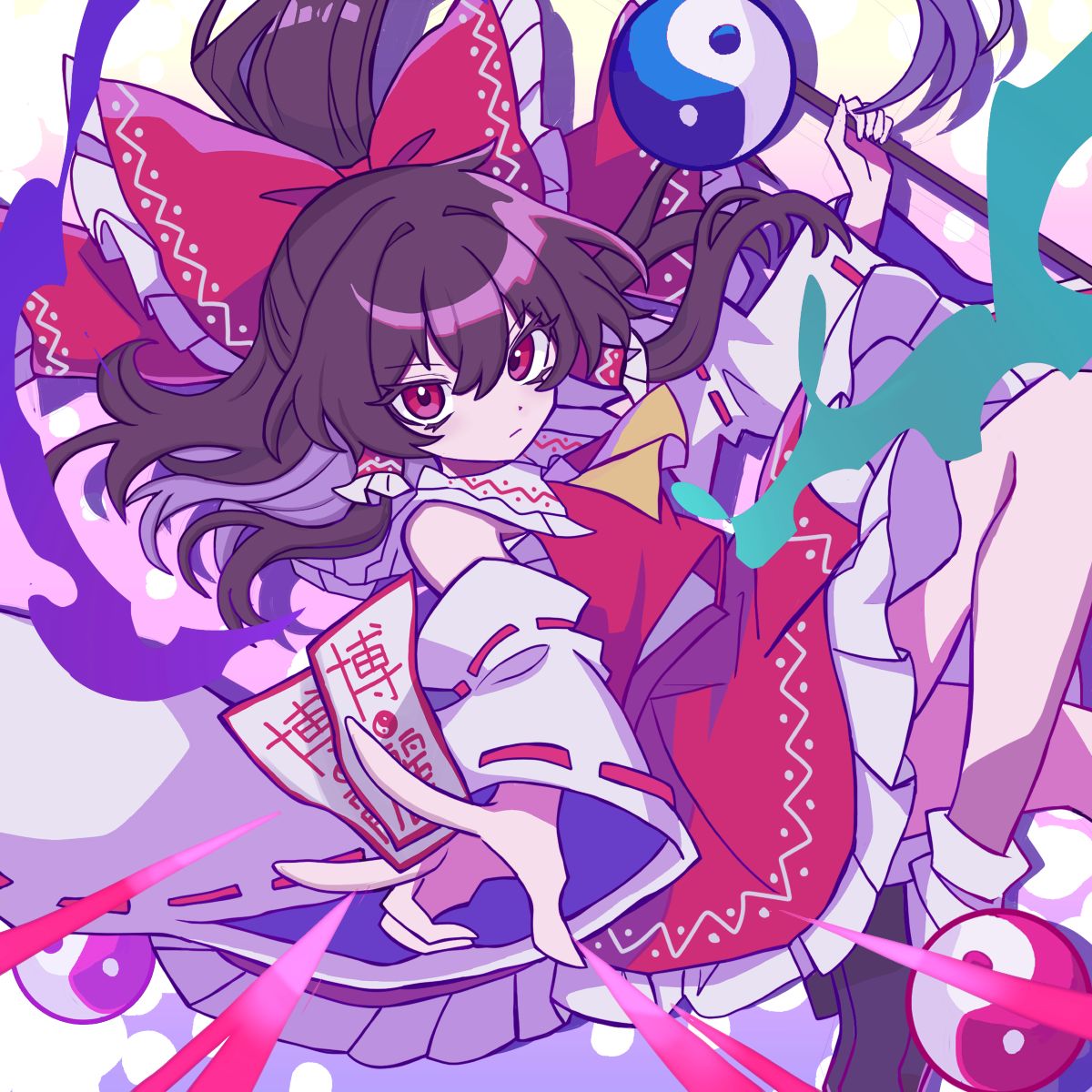 hakurei reimu, touhou, highres, 1girl, black shoes, brown hair, card, closed mouth, frilled skirt, frills, gohei, holding, holding card, holding gohei, long hair, looking at viewer, madeno, red eyes, red shirt, red skirt, shirt, shoes, skirt, sleeveless, sleeveless shirt, socks, solo, white socks, yin yang