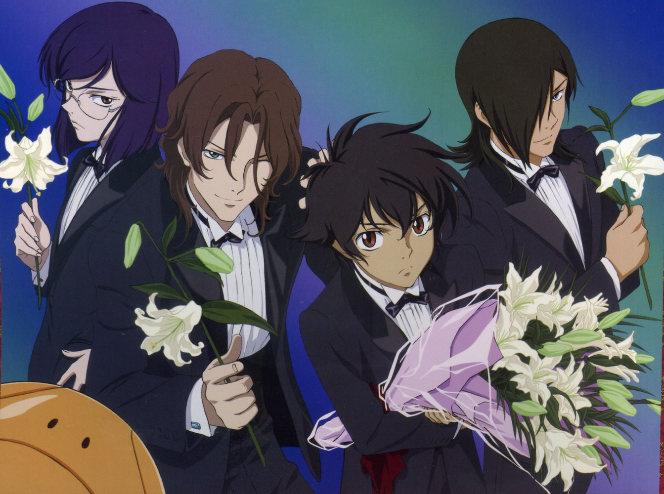 morishita hiromitsu, allelujah haptism, haro, lockon stratos, setsuna f. seiei, tieria erde, gundam, gundam 00, official art, scan, 00s, 4boys, angry, black hair, blue eyes, blue hair, bouquet, bow, bowtie, brown hair, dark-skinned male, dark skin, flower, formal clothes, frown, grey eyes, hair over one eye, lily (flower), male focus, multiple boys, one eye closed, red eyes, short hair, smile, suit, traditional bowtie, wink