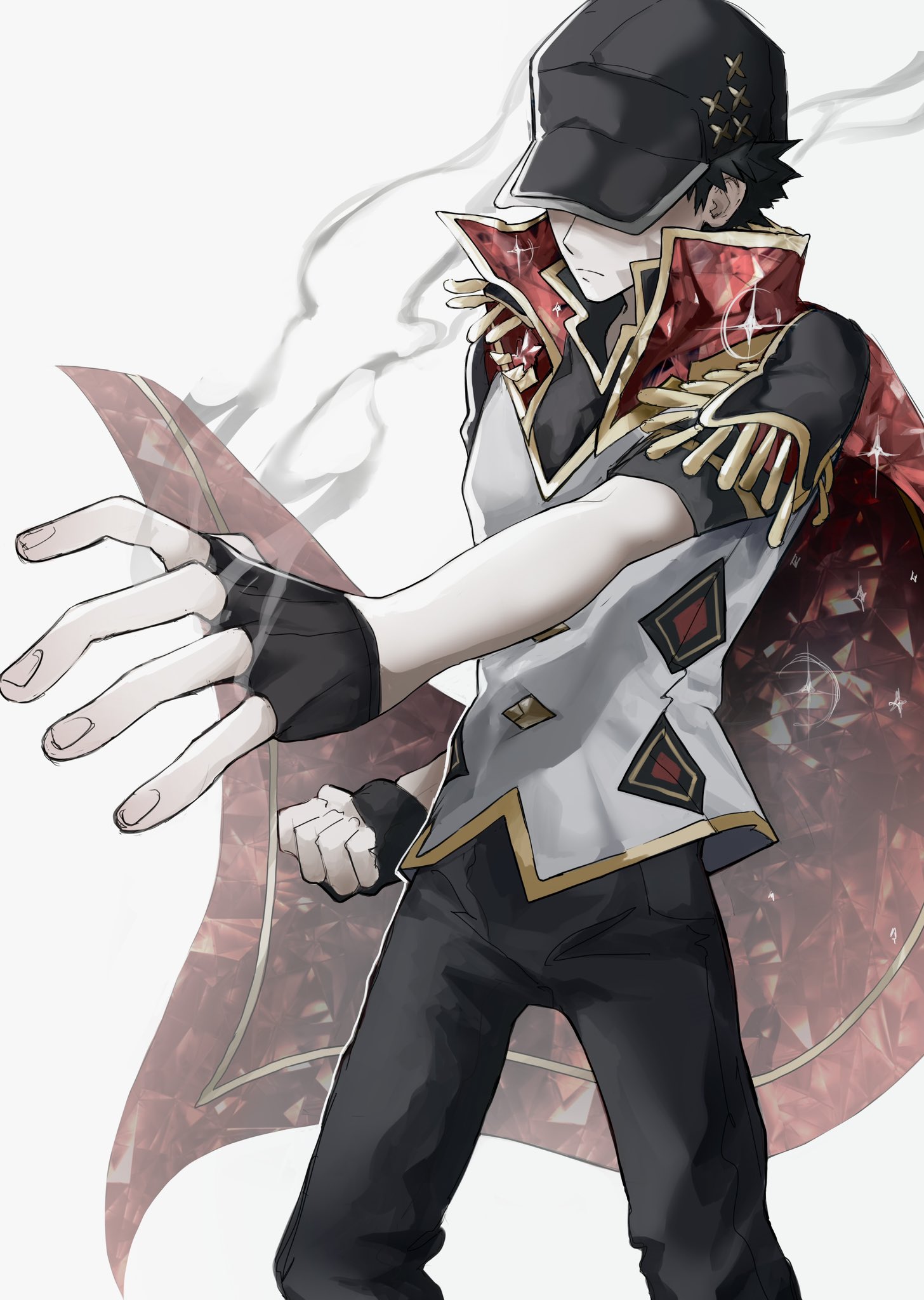 red (anniversary 2025) (pokemon), red (pokemon), nintendo, pokemon, pokemon masters ex, highres, 1boy, black gloves, black hat, black pants, black shirt, brown hair, cape, closed mouth, covered eyes, epaulettes, fingerless gloves, gloves, hat, male focus, milky oak, official alternate costume, pants, popped collar, red cape, shirt, short hair, simple background, smoke, solo, vest, white vest