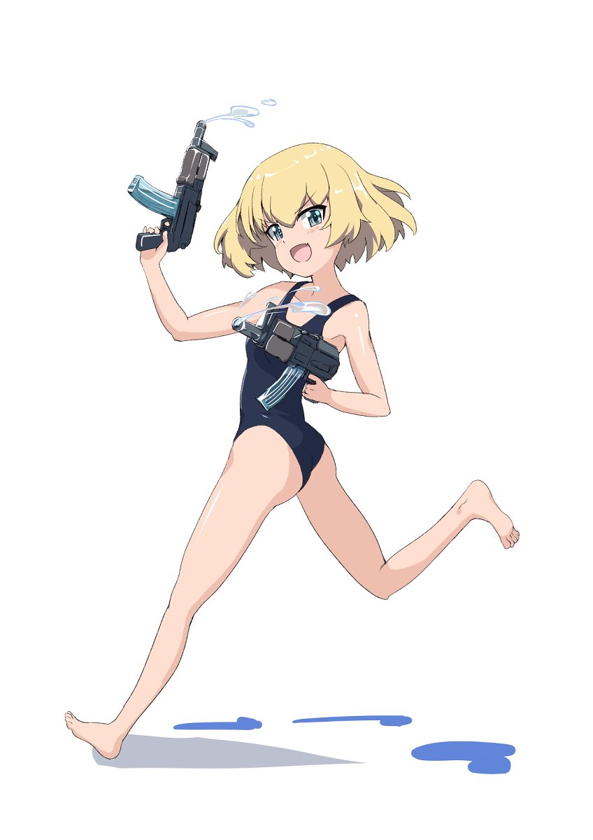 buchikaki, katyusha (girls und panzer), girls und panzer, highres, 1girl, ass, blonde hair, blue eyes, blue one-piece swimsuit, blush, breasts, collarbone, fang, full body, looking at viewer, one-piece swimsuit, open mouth, short hair, simple background, small breasts, smile, solo, swimsuit, water gun, white background