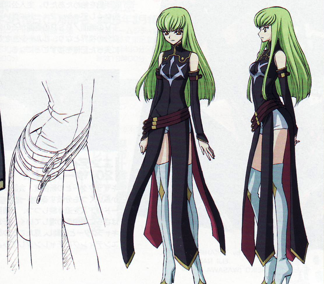 c.c., code geass, scan, 00s, boots, brown eyes, detached sleeves, green hair, long hair, thigh boots, thighhighs