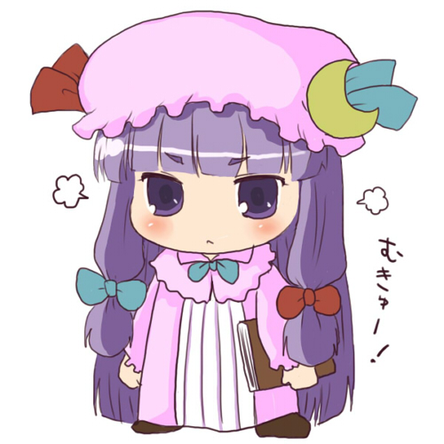 toto (hitori othello), patchouli knowledge, touhou, fume, lowres, 1girl, :<, angry, blunt bangs, book, chibi, crescent, crescent moon, dress, female focus, full body, hat, hitori osero, moon, mukyuu, simple background, solo, standing, white background