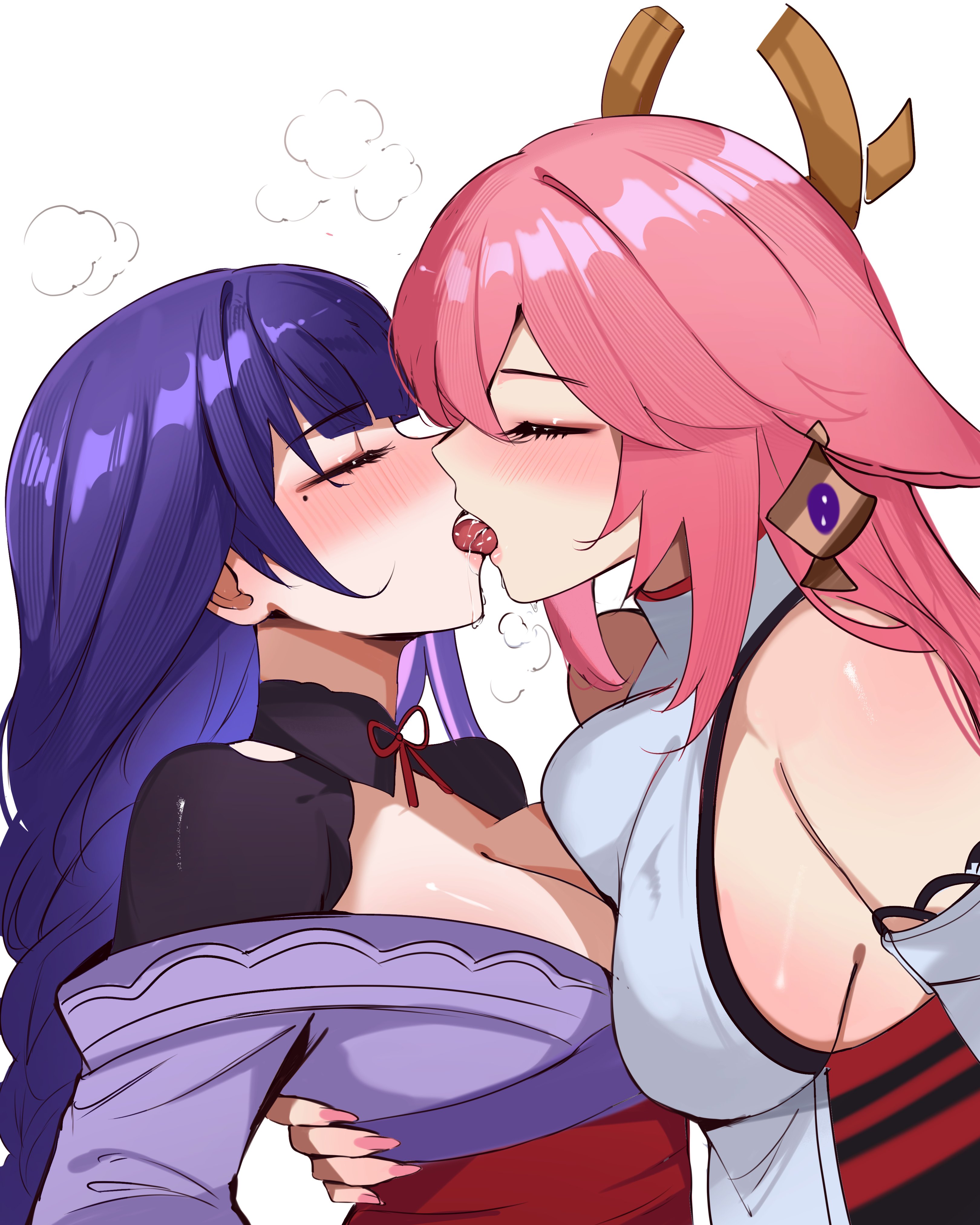 arnkun, raiden shogun, yae miko, genshin impact, absurdres, hashtag-only commentary, highres, 2girls, animal ears, asymmetrical docking, black shrug, blush, braid, breast press, breasts, cleavage, closed eyes, fingernails, floppy ears, fox, fox ears, french kiss, from side, hand on another's back, hug, japanese clothes, kimono, kiss, large breasts, long fingernails, long hair, low-braided long hair, low-tied long hair, mole, mole under eye, multiple girls, neck ribbon, nontraditional miko, obi, pink hair, pink nails, purple hair, purple kimono, red ribbon, red sash, ribbon, saliva, sash, shrug (clothing), standing, steaming body, tongue, tongue out, upper body, yuri