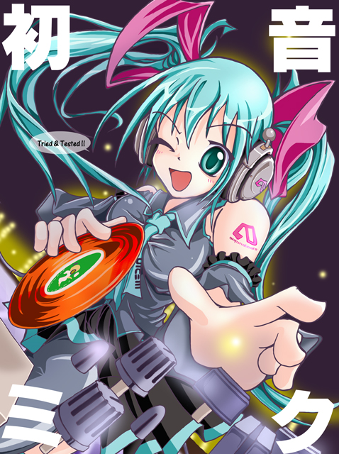 ichirino minagi, hatsune miku, vocaloid, 1girl, aqua hair, blush, female focus, one eye closed, solo, twintails, wink