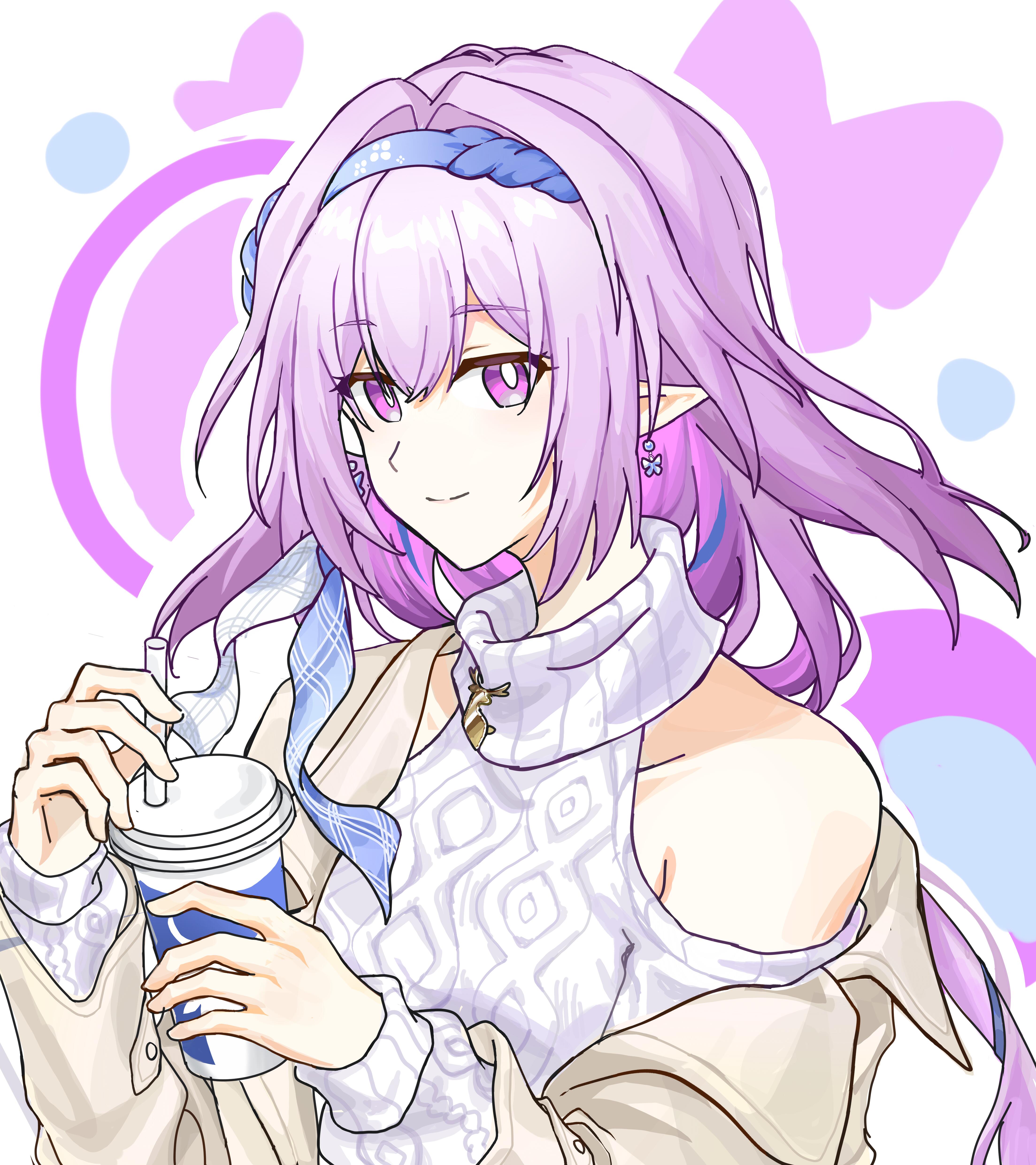 castorice (honkai: star rail), honkai: star rail, honkai (series), absurdres, bad source, highres, 1girl, bare shoulders, blue hair, blue hairband, book, bright pupils, castorice (luckin coffee) (honkai: star rail), clothing cutout, cup, disposable cup, drinking straw, earrings, hairband, holding, holding cup, jacket, jewelry, liyuan wurenzaiyi, long hair, long sleeves, looking at viewer, mismatched earrings, multicolored hair, off shoulder, pink eyes, pink hair, pointy ears, purple eyes, purple hair, shoulder cutout, smile, solo, streaked hair, sweater, upper body, white pupils, white sweater