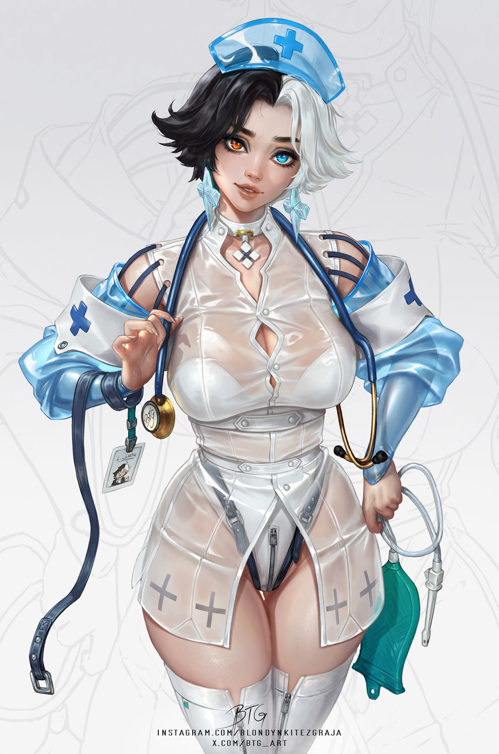 blondynkitezgraja, luna snow, marvel, marvel rivals, absurdres, highres, 1girl, black hair, blue eyes, breasts, hat, heterochromia, large breasts, leotard, looking at viewer, multicolored hair, nurse, see-through clothes, short hair, smile, solo, split-color hair