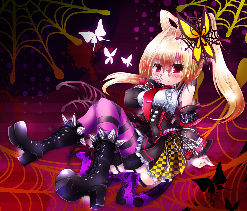tarantula alma, emil chronicle online, 1girl, black boots, black corset, black skirt, black sleeves, blonde hair, boots, breasts, bug, butterfly, corset, detached sleeves, frilled corset, frilled skirt, frills, garter straps, insect, karukuro, large breasts, long hair, necktie, ponytail, purple background, purple thighhighs, red eyes, red necktie, shirt, silk, skirt, sleeveless, sleeveless shirt, solo, spider web, spider web hair ornament, split ponytail, striped clothes, striped thighhighs, thighhighs, white shirt