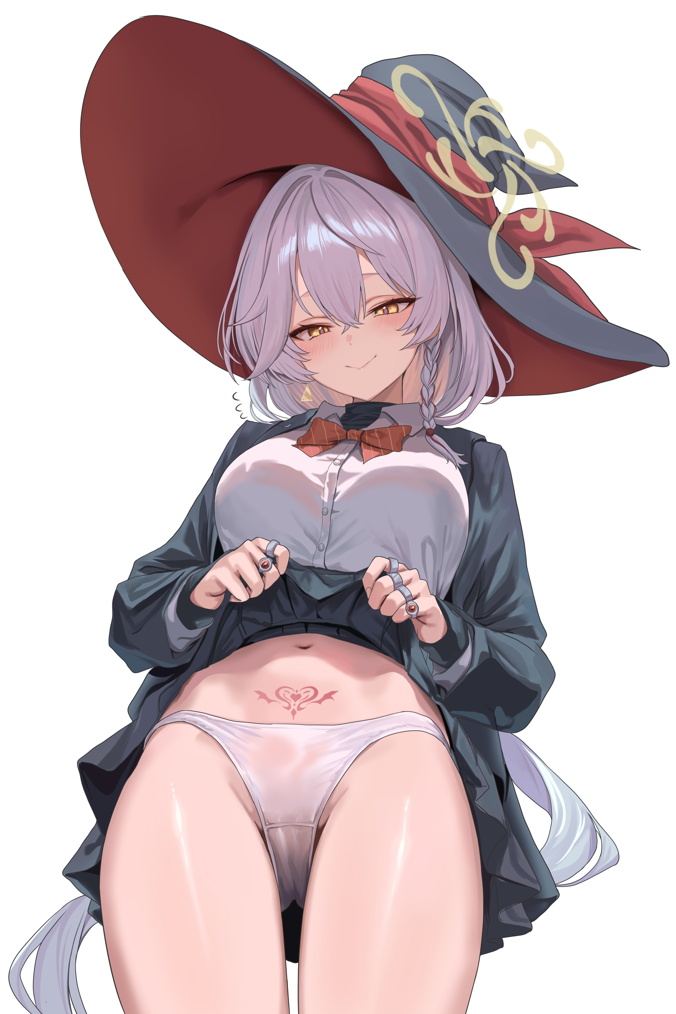 hidis0086, eri (blue archive), blue archive, absurdres, commentary, highres, 1girl, black coat, black skirt, blush, bow, bowtie, braid, breasts, buttons, closed mouth, clothes lift, coat, collared shirt, cowboy shot, crossed bangs, double-parted bangs, earrings, flashing, floating earrings, floating hair, flying sweatdrops, gem, gluteal fold, groin, hair between eyes, hair intakes, halo, hat, jewelry, large breasts, lifting own clothes, long hair, looking at viewer, multiple rings, navel, panties, pantyshot, pleated skirt, ponytail, pubic tattoo, pursed lips, red bow, red bowtie, red gemstone, ring, shiny skin, shirt, side braid, sidelocks, simple background, single earring, skirt, skirt lift, solo, tattoo, thighs, turtleneck, underwear, very long hair, white background, white hair, white panties, white shirt, witch hat, yellow eyes, yellow halo
