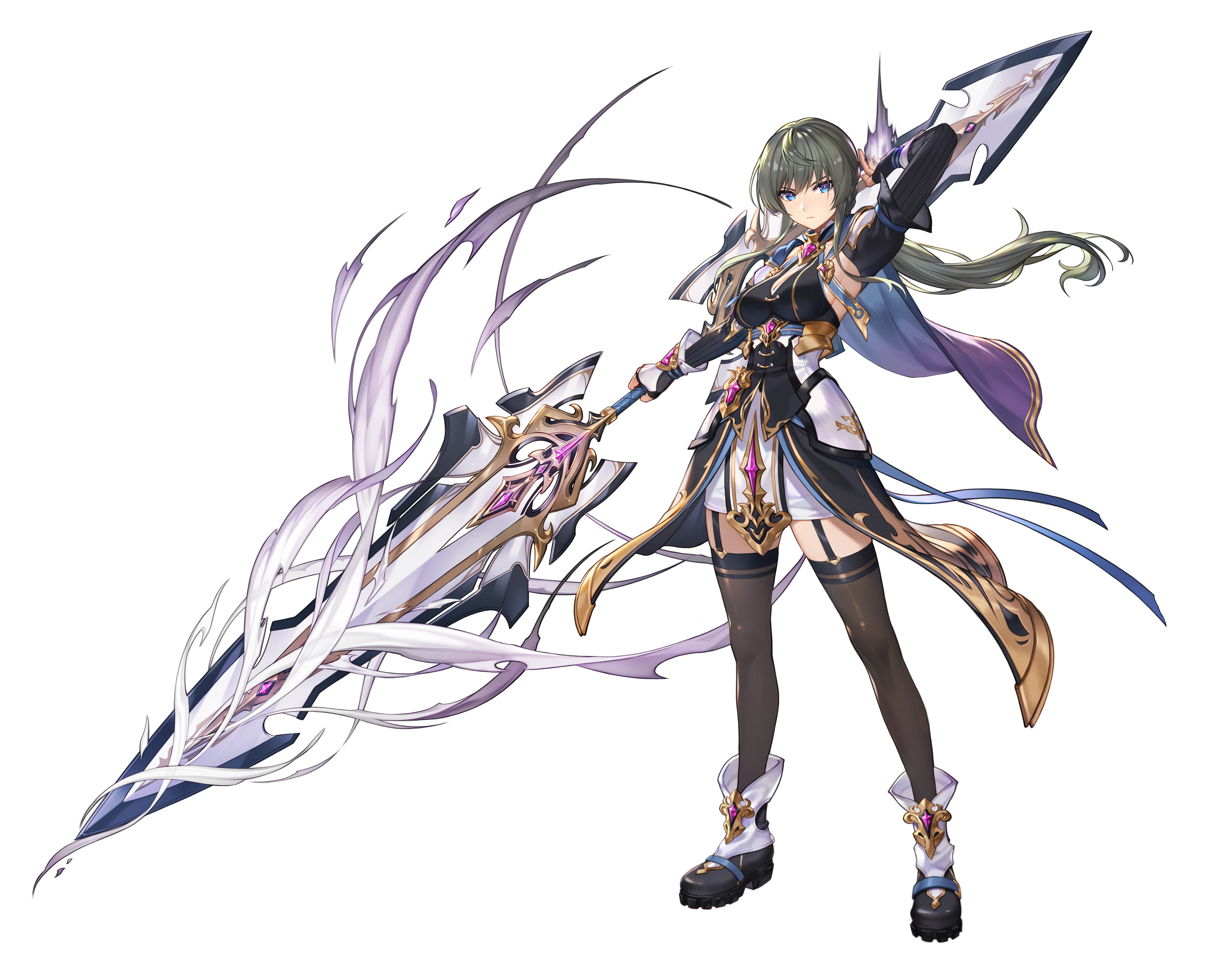hilda (king's raid), king's raid, absurdres, commentary, highres, official art, 1girl, armor, armored dress, armpits, black dress, black gloves, black shoes, black sleeves, black thighhighs, blue cape, blue eyes, braid, breasts, brown hair, cape, cleavage, detached sleeves, double blade, dress, energy, faulds, fingerless gloves, full body, garter straps, gloves, gold trim, light frown, lolco, long hair, long sidelocks, medium breasts, ponytail, purple cape, shoes, shoulder armor, sidelocks, skirt, solo, thighhighs, white gloves, white shoes, white skirt