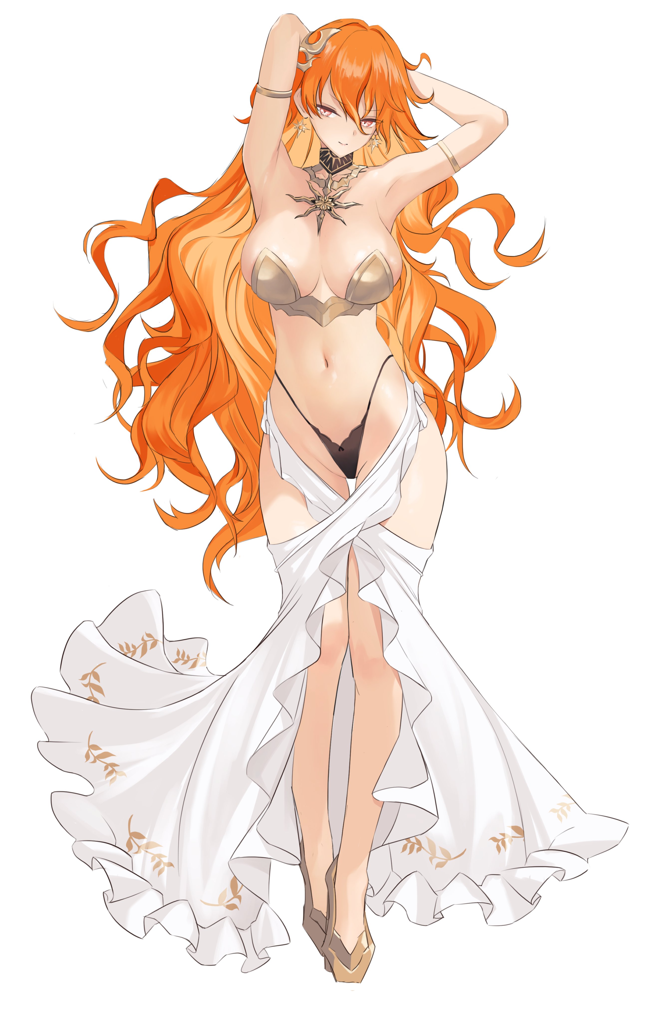 xsatoh, augusta (wuthering waves), wuthering waves, absurdres, commentary, english commentary, highres, 1girl, armlet, armor, bare shoulders, black collar, black panties, breastplate, breasts, closed mouth, collar, colored inner hair, earrings, full body, groin, hair between eyes, hair ornament, highleg, highleg panties, jewelry, large breasts, long hair, long skirt, looking at viewer, multicolored hair, navel, orange eyes, orange hair, panties, simple background, skirt, smile, solo, standing, stomach, sun earrings, thighs, underwear, very long hair, white background, white skirt