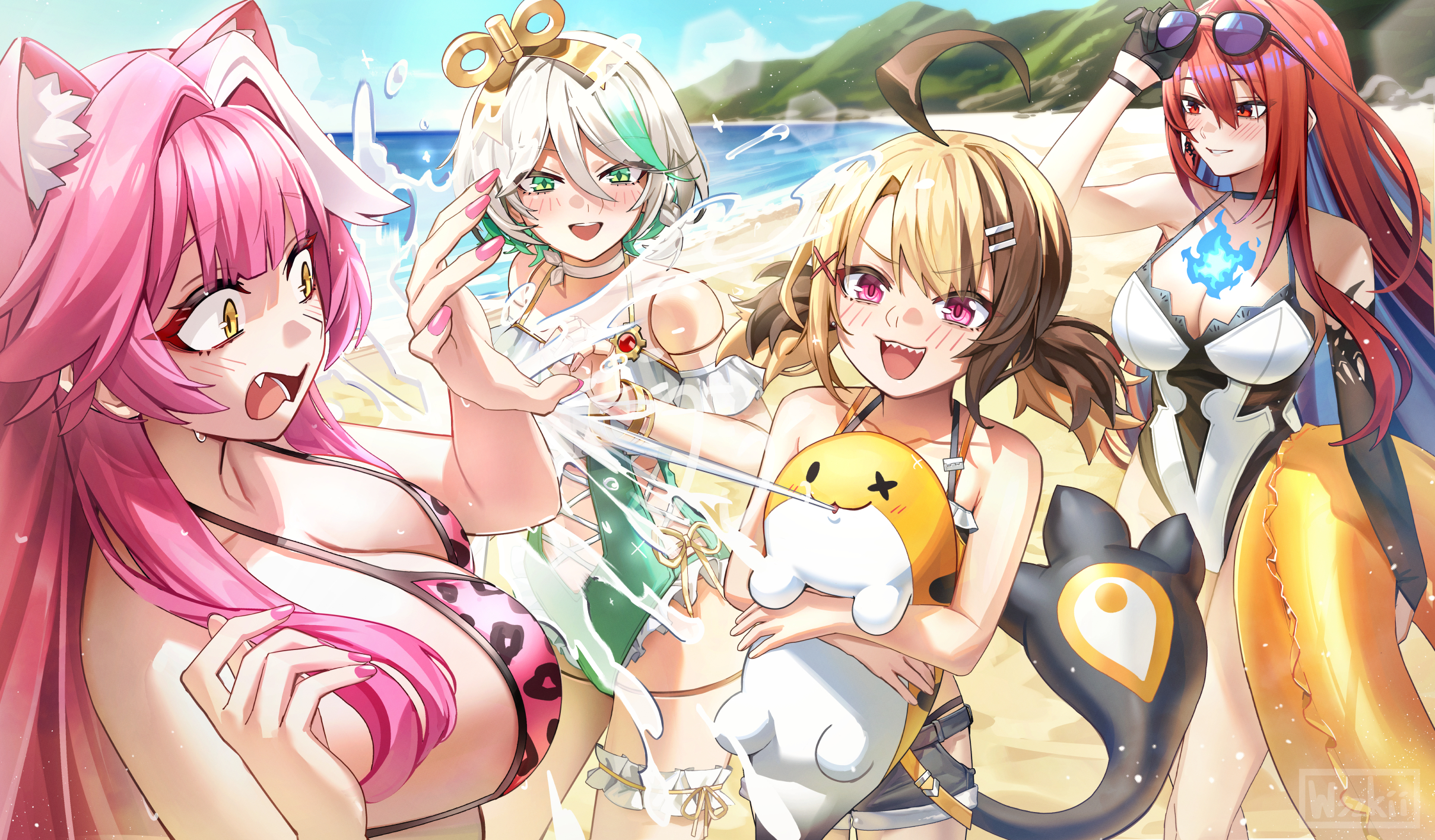 wszkii, cecilia immergreen, cecilia immergreen (holonatsu paradise), elizabeth rose bloodflame, gigi murin, gigi murin (holonatsu paradise), grem (gigi murin), raora panthera, raora panthera (holonatsu paradise), holojustice, hololive, hololive english, holonatsu paradise, commentary, english commentary, highres, 4girls, :d, adjusting eyewear, ahoge, alternate costume, animal ears, beach, bikini, bikini under shorts, black gloves, blue fire, blue hair, blue sky, braid, breasts, brown hair, casual one-piece swimsuit, center-flap bangs, closed mouth, colored inner hair, day, denim, denim shorts, doll, doll joints, double-parted bangs, extra ears, eyewear on head, fang, fire, fire on chest, frilled one-piece swimsuit, frills, gloves, green eyes, green hair, green one-piece swimsuit, grey hair, hair between eyes, hair ornament, hairclip, huge ahoge, joints, large breasts, leopard print bikini, long hair, multicolored hair, multicolored swimsuit, multiple girls, official alternate costume, one-piece swimsuit, open mouth, orange bikini, panther ears, panther tail, parallel hairclips, pink bikini, pink eyes, pink hair, red eyes, red hair, sharp teeth, short hair, short shorts, short twintails, shorts, side braid, sidelocks, single braid, single glove, single sidelock, sky, smile, streaked hair, swimsuit, tail, teeth, twintails, two-tone hair, very long hair, virtual youtuber, wavy mouth, white hair, white one-piece swimsuit, winding key, yellow eyes