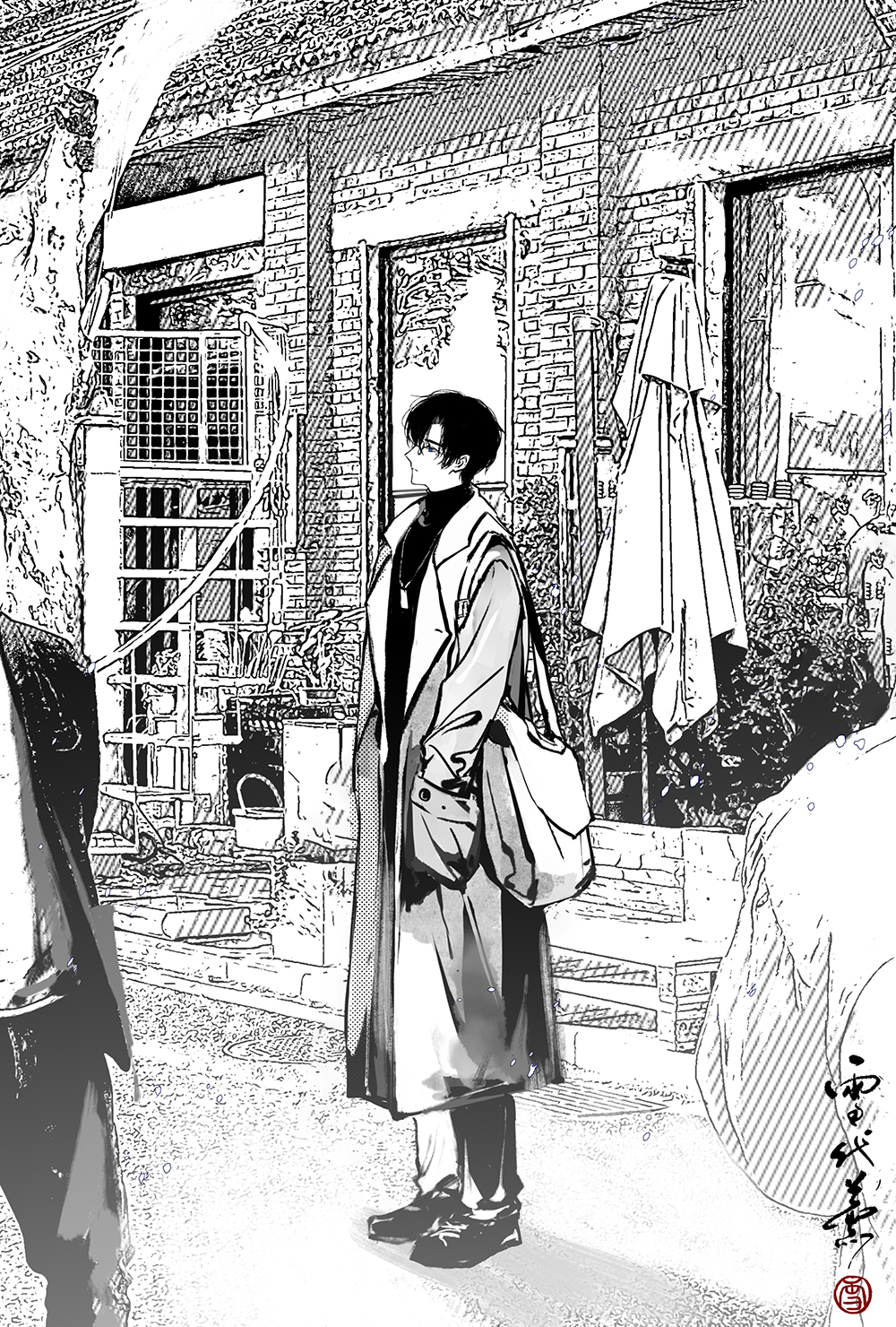 xuedaixun, clarence clayden, lovebrush chronicles, chinese commentary, highres, 1boy, bag, basket, blue eyes, building, casual, chinese text, closed mouth, closed umbrella, coat, curtained hair, expressionless, from side, full body, glasses, greyscale, hair between eyes, hand in pocket, jewelry, lapels, long coat, long sleeves, looking ahead, male focus, manhole cover, mole, mole under eye, monochrome, notched lapels, open clothes, open coat, outdoors, pants, patio umbrella, pendant, people, plant, profile, seal impression, shirt, shoes, short hair, shoulder bag, solo focus, spiral staircase, spot color, stairs, standing, storefront, tree, turtleneck, turtleneck shirt, umbrella