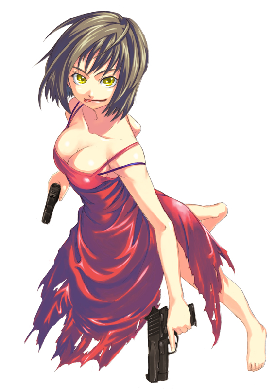 ada wong, capcom, resident evil, barefoot, feet, gun, torn clothes, weapon, yellow eyes