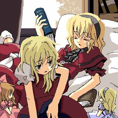 alice margatroid, kirisame marisa, touhou, lowres, 4girls, alternate color, bed, book, female focus, indoors, lying, multiple girls, oekaki, player 2