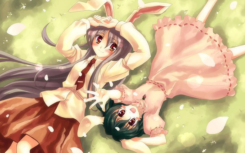 studio sdt, yuuki tatsuya, inaba tewi, reisen udongein inaba, touhou, 2girls, :d, animal ears, arms up, barefoot, black hair, blush, blush stickers, brown eyes, carrot, dress, feet, female focus, foreshortening, happy, jewelry, long hair, lying, multiple girls, necktie, on back, open mouth, outstretched arm, pendant, petals, purple hair, rabbit ears, red necktie, rotational symmetry, short hair, skirt, smile, very long hair