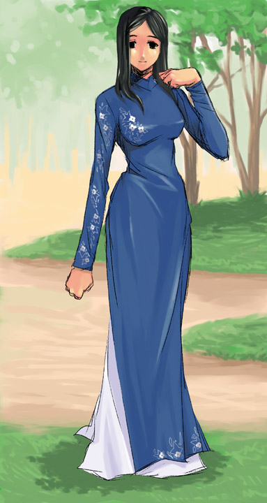 tagme, ao dai, black eyes, black hair, day, dress, full body, long hair, outdoors, parted bangs, solo, standing