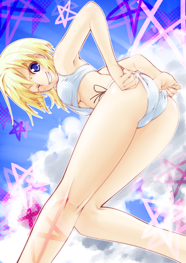 yuugo, yuugo (atmosphere), 1girl, bikini, blonde hair, blue eyes, breasts, female focus, kneepits, one eye closed, polka dot, polka dot bikini, side-tie bikini bottom, solo, swimsuit, thighs, underboob, white bikini, wink