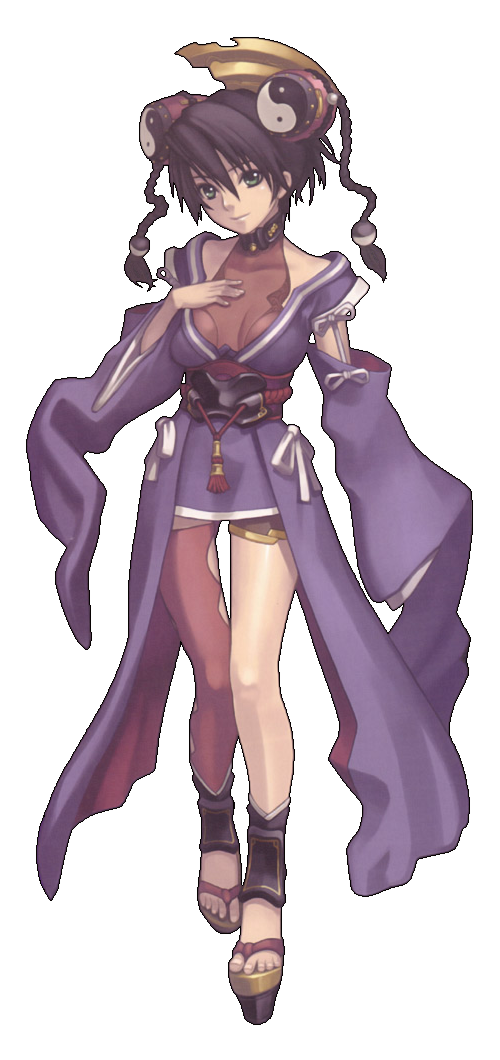 nagi ryou, misha arsellec lune, ar tonelico, ar tonelico i, gust, official art, 00s, 1girl, black hair, braid, collar, female focus, geta, green eyes, hair ornament, okobo, platform sandals, sandals, simple background, single thighhigh, solo, thighhighs, transparent background, twin braids