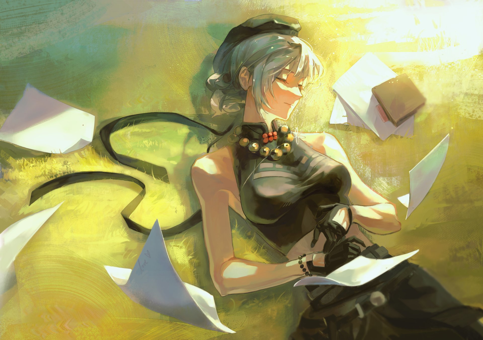 guii1210, sanhua (wuthering waves), wuthering waves, commentary, highres, 1girl, bare shoulders, beret, black gloves, black hat, black ribbon, black shirt, black skirt, bracelet, breasts, closed eyes, closed mouth, crop top, gloves, grey hair, hat, jewelry, long ribbon, lying, medium breasts, on back, paper, ribbon, shirt, short hair, skirt, sleeveless, sleeveless shirt, solo
