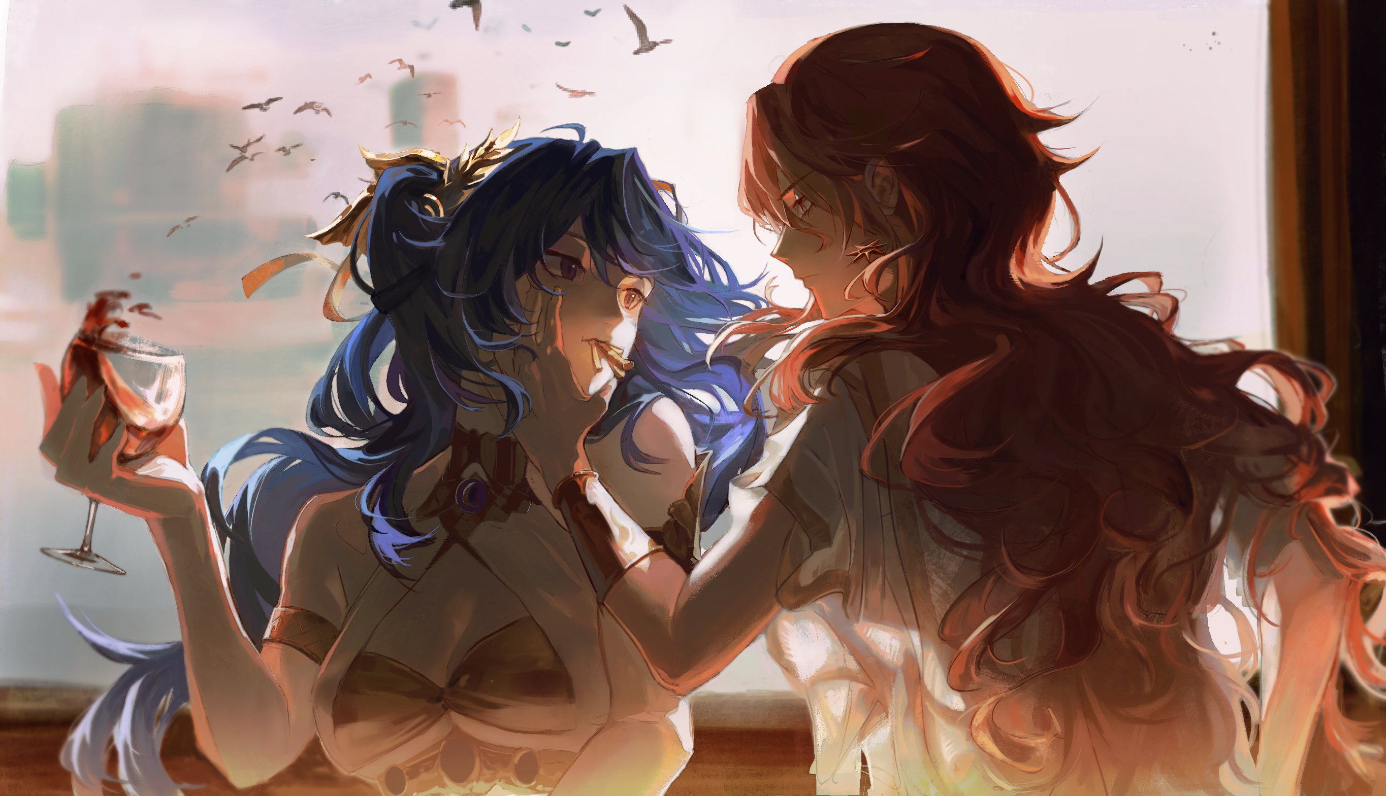 guii1210, augusta (wuthering waves), iuno (wuthering waves), wuthering waves, commentary, english commentary, highres, 2girls, armlet, bare shoulders, bird, blue eyes, blue hair, breasts, closed mouth, cup, dress, drinking glass, earrings, eating, eye contact, food, french fries, gold bra, hand on another's face, head wreath, holding, holding cup, jewelry, long hair, looking at another, medium breasts, multiple girls, orange eyes, orange hair, sun earrings, upper body, white dress