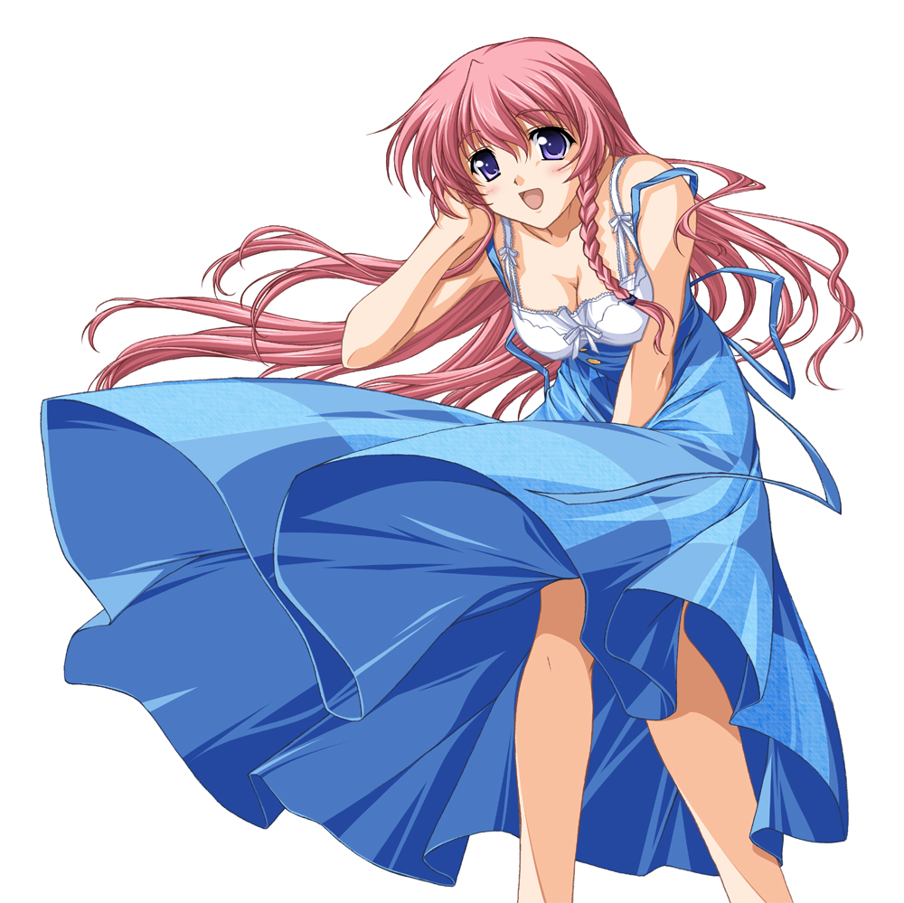 1girl, braid, breasts, cleavage, dress, female focus, large breasts, long hair, pink hair, purple eyes, solo, wind, wind lift