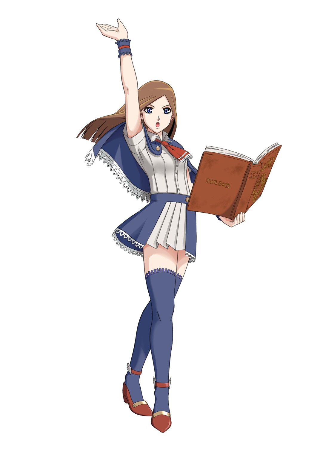 baba ryuuichi, charlotte aulin, castlevania: portrait of ruin, castlevania (series), konami, highres, official art, 1girl, arm up, blue eyes, blue thighhighs, book, brown hair, capelet, crossed legs, female focus, full body, high heels, long hair, necktie, open mouth, pleated skirt, shoes, simple background, sitting, skirt, solo, standing, thighhighs, watson cross, zettai ryouiki