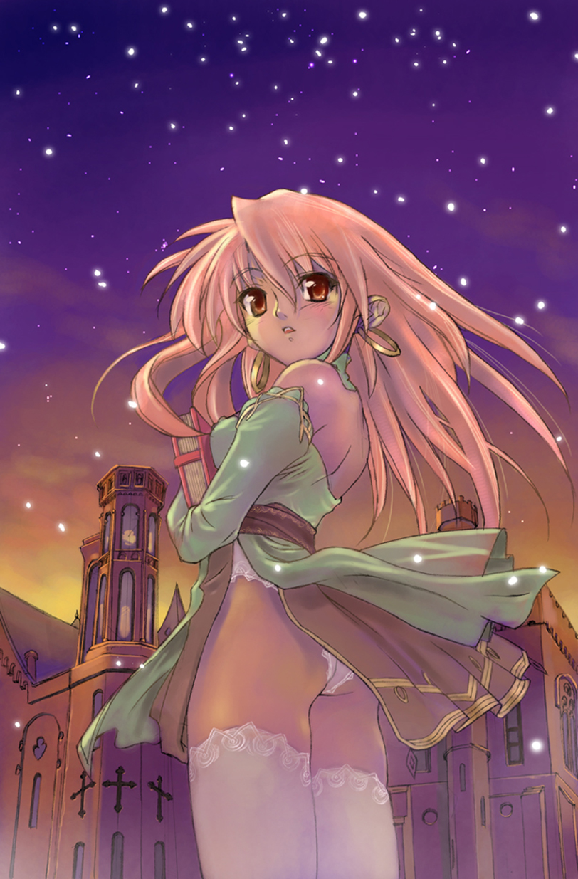 morii shizuki, highres, 1girl, ass, bare shoulders, book, breasts, brown eyes, cowboy shot, cross, earrings, female focus, hoop earrings, jewelry, long hair, long sleeves, orange eyes, outdoors, panties, pink hair, see-through clothes, see-through panties, sky, snowing, solo, star (symbol), thighhighs, underwear, white thighhighs