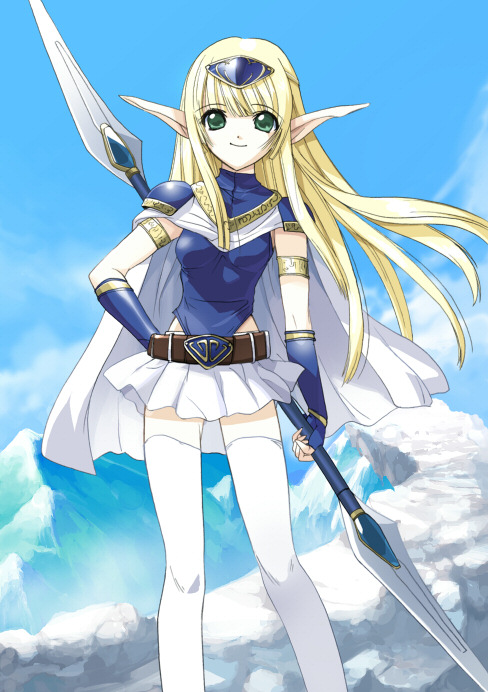 csy, 1girl, armlet, armor, blonde hair, day, double blade, elf, female focus, gloves, green eyes, jewelry, long hair, miniskirt, outdoors, pointy ears, polearm, skirt, solo, standing, thighhighs, weapon, white thighhighs, zettai ryouiki