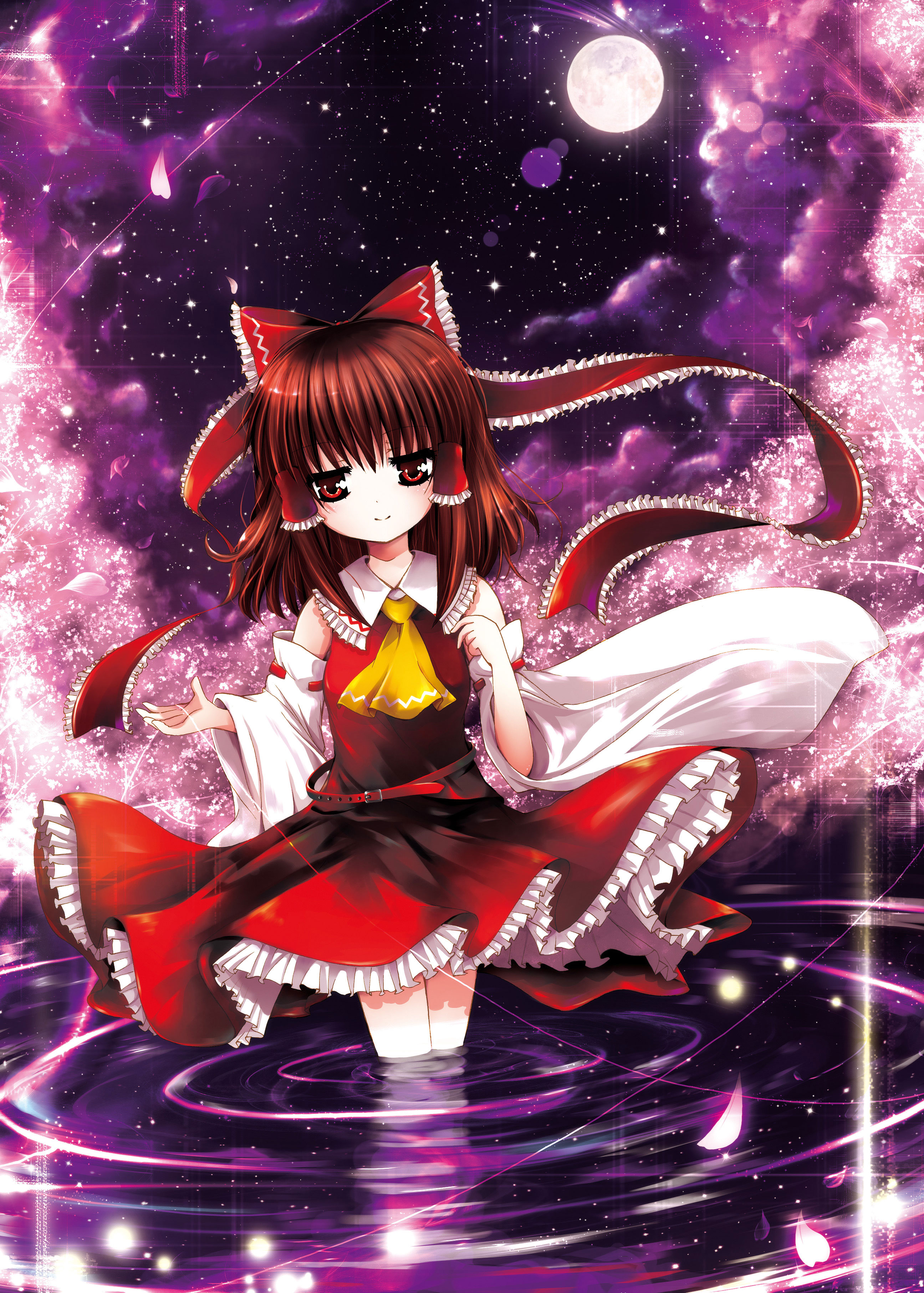 catbell, hakurei reimu, touhou, absurdres, highres, 1girl, ascot, belt, bow, brown eyes, brown hair, cherry blossoms, collar, detached sleeves, dress, female focus, frilled bow, frilled shirt collar, frills, full moon, glowing, glowing eyes, hair bow, hair tubes, japanese clothes, light smile, medium hair, miko, moon, night, outdoors, partially submerged, petals, red bow, red dress, red eyes, red ribbon, ribbon, ribbon-trimmed sleeves, ribbon trim, ripples, skirt, skirt set, sky, sleeveless, sleeveless dress, smile, solo, standing, star (sky), starry sky, wading, water, white collar, white sleeves, wide sleeves, yellow ascot