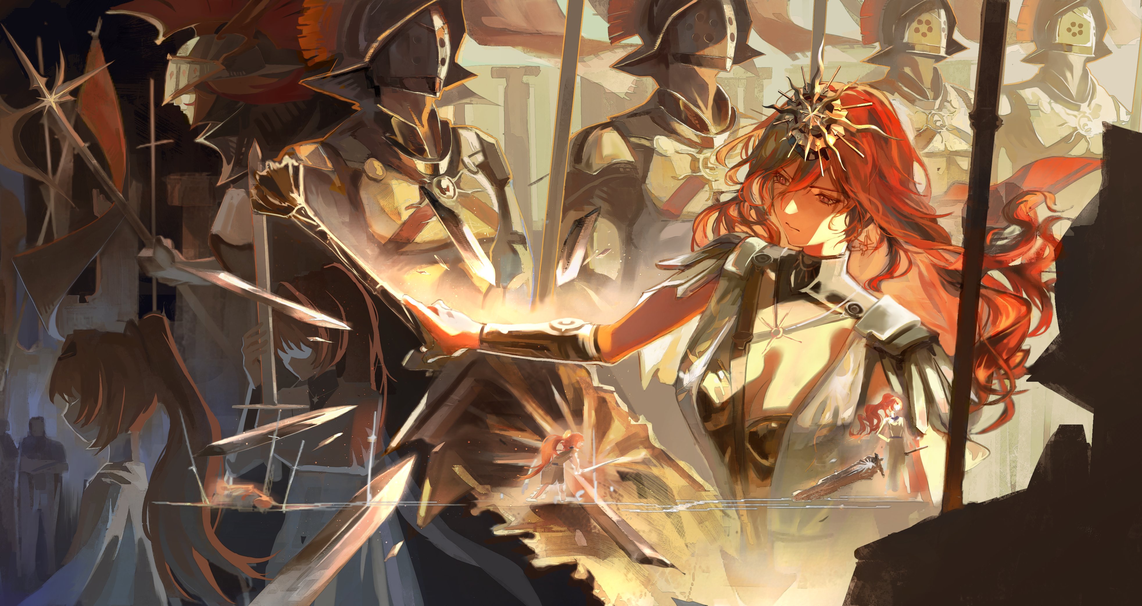guii1210, augusta (wuthering waves), wuthering waves, absurdres, commentary, highres, 1girl, age progression, ancient greek clothes, arm up, armor, black collar, breastplate, breasts, closed mouth, collar, dress, greatsword, greco-roman clothes, hair between eyes, headgear, long hair, medium breasts, orange eyes, orange hair, people, ponytail, solo focus, split theme, sun necklace, sword, weapon, white dress