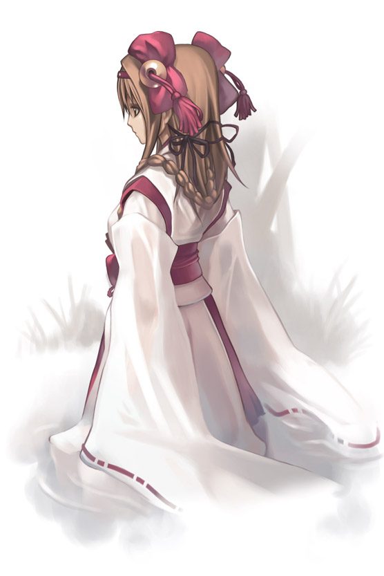 nagi ryou, aurica nestmile, ar tonelico, ar tonelico i, gust, official art, 00s, 1girl, alternate costume, back, bow, braid, brown hair, female focus, from behind, hair bow, hair ribbon, hakama, hakama skirt, japanese clothes, long hair, miko, outdoors, profile, ribbon, single braid, skirt, solo, standing, wading, water, white background