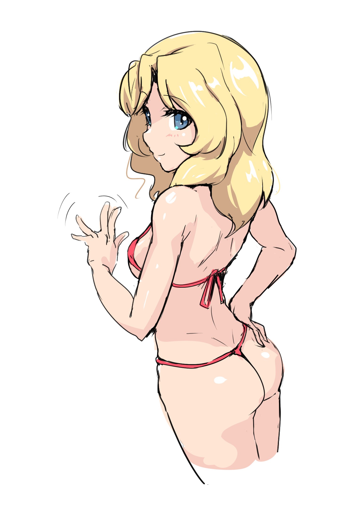 buchikaki, kay (girls und panzer), girls und panzer, highres, 1girl, ass, bikini, blonde hair, blue eyes, blush, breasts, hand on own hip, large breasts, long hair, looking at viewer, red bikini, simple background, sketch, smile, solo, swimsuit, white background