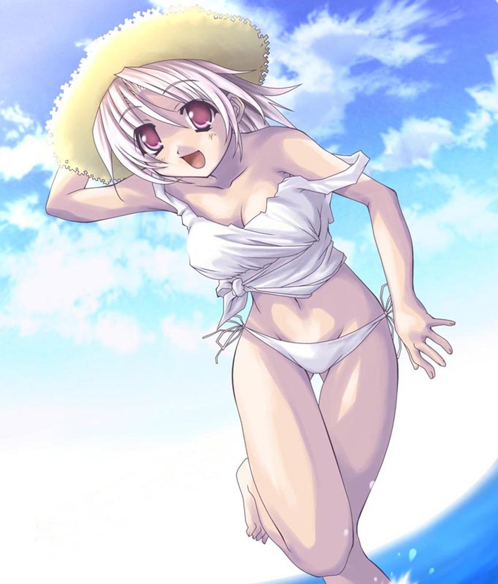 highres, 1girl, bare shoulders, barefoot, bikini, bikini bottom only, blush, breasts, cleavage, cloud, collarbone, day, female focus, hat, large breasts, looking at viewer, medium breasts, midriff, navel, ocean, open mouth, pink eyes, pink hair, shirt, short hair, side-tie bikini bottom, sky, smile, solo, standing, standing on one leg, strap slip, straw hat, summer, swimsuit, tank top, tied shirt, water, white bikini, white shirt, yellow hat
