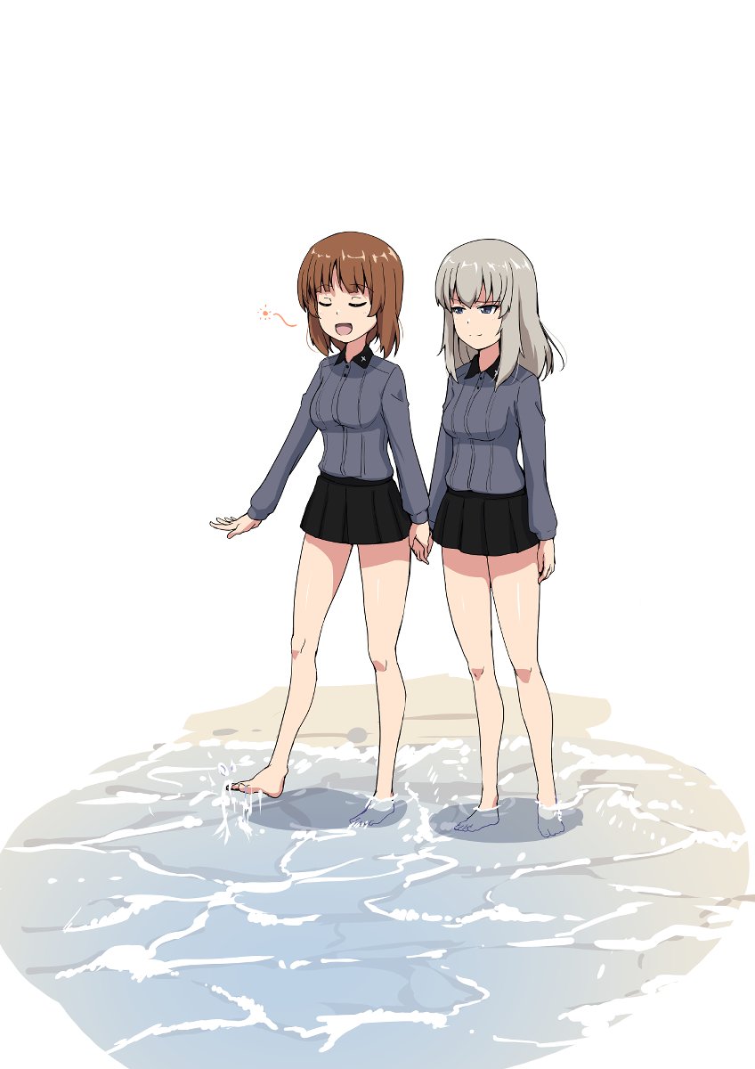 buchikaki, itsumi erika, nishizumi miho, girls und panzer, highres, 2girls, barefoot, black skirt, blue eyes, blush, breasts, brown hair, closed eyes, closed mouth, holding hands, in water, kuromorimine military uniform, long hair, looking at another, medium breasts, military uniform, miniskirt, multiple girls, open mouth, short hair, simple background, skirt, smile, white hair, yuri