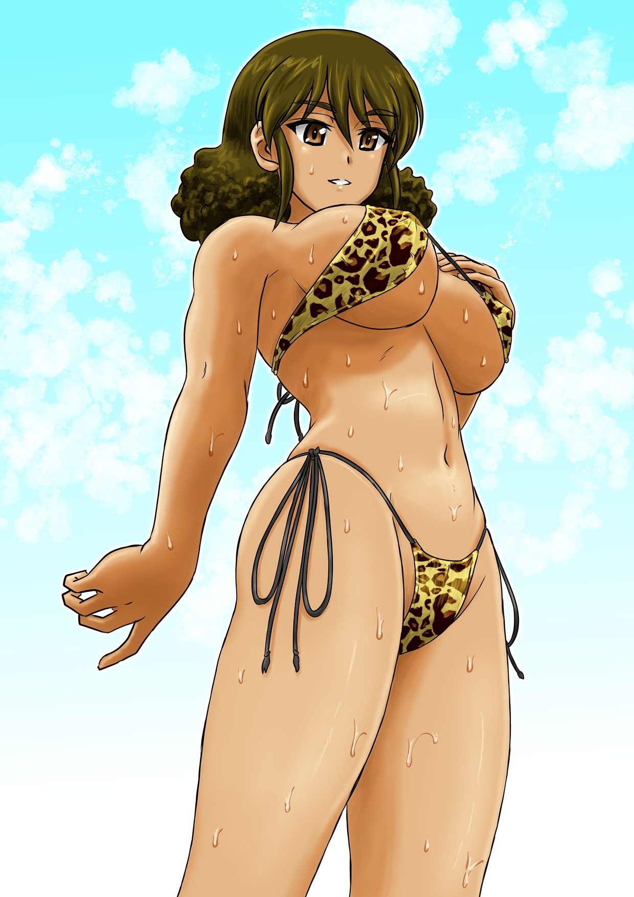 gemini69, viridiana (girls und panzer), girls und panzer, highres, 1girl, bikini, blush, breasts, brown eyes, brown hair, crotch, large breasts, leopard print bikini, medium hair, navel, outdoors, side-tie bikini bottom, sky, smile, solo, sweat, swimsuit, underboob