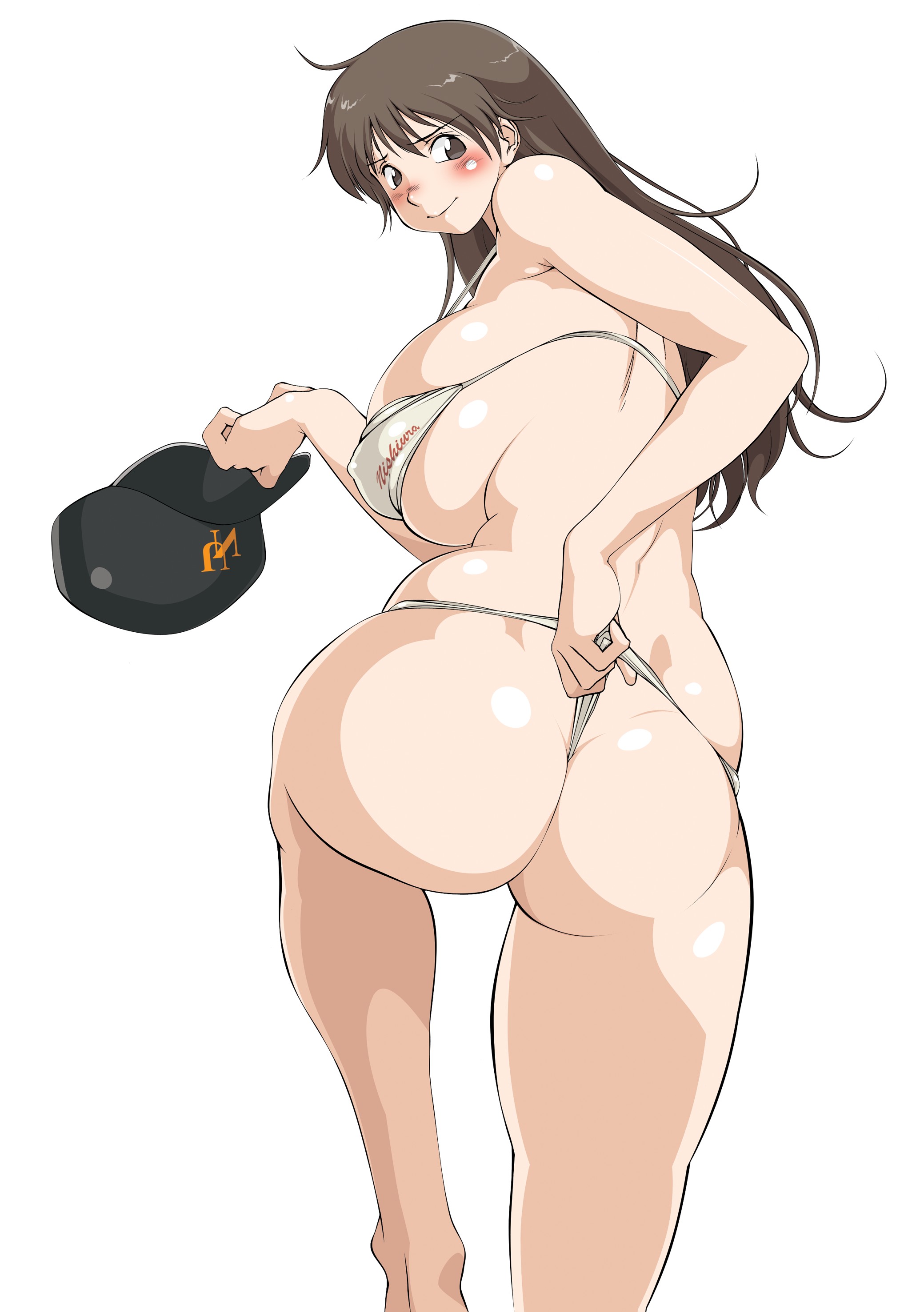 tokisaka mugi, momoe maria, ookiku furikabutte, absurdres, highres, 00s, 1girl, baseball cap, bikini, blush, breasts, female focus, hat, huge breasts, long hair, panties, simple background, solo, swimsuit, thong, thong bikini, underwear