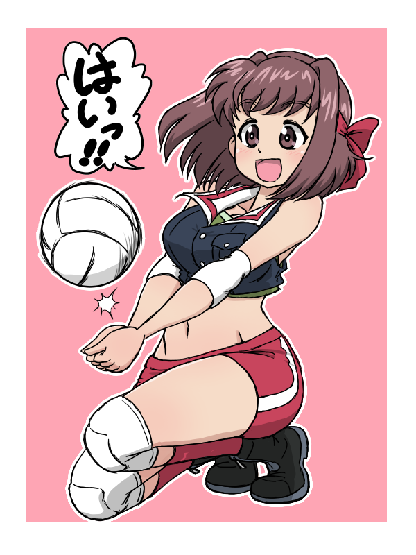 takahashi kurage, kondou taeko, girls und panzer, 1girl, ball, blush, breasts, brown eyes, brown hair, buruma, collarbone, large breasts, medium hair, midriff, military uniform, navel, ooarai military uniform, open mouth, pink background, red buruma, simple background, smile, solo, sportswear, volleyball, volleyball (object), volleyball uniform