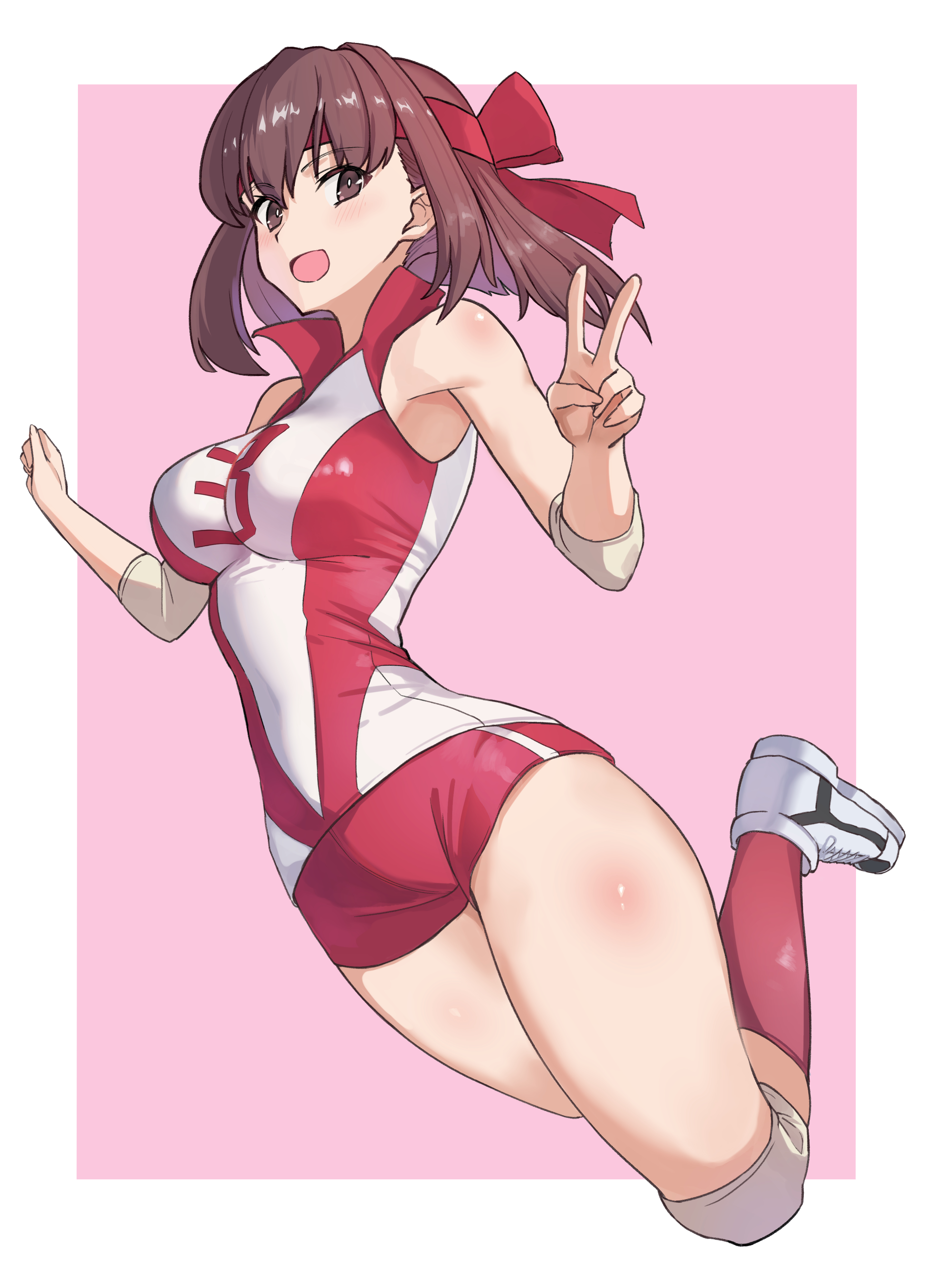 lazurite (user 8870367), kondou taeko, girls und panzer, absurdres, highres, 1girl, bare shoulders, blush, breasts, brown eyes, brown hair, buruma, large breasts, looking at viewer, medium hair, open mouth, pink background, red buruma, simple background, smile, solo, sportswear, v, volleyball uniform