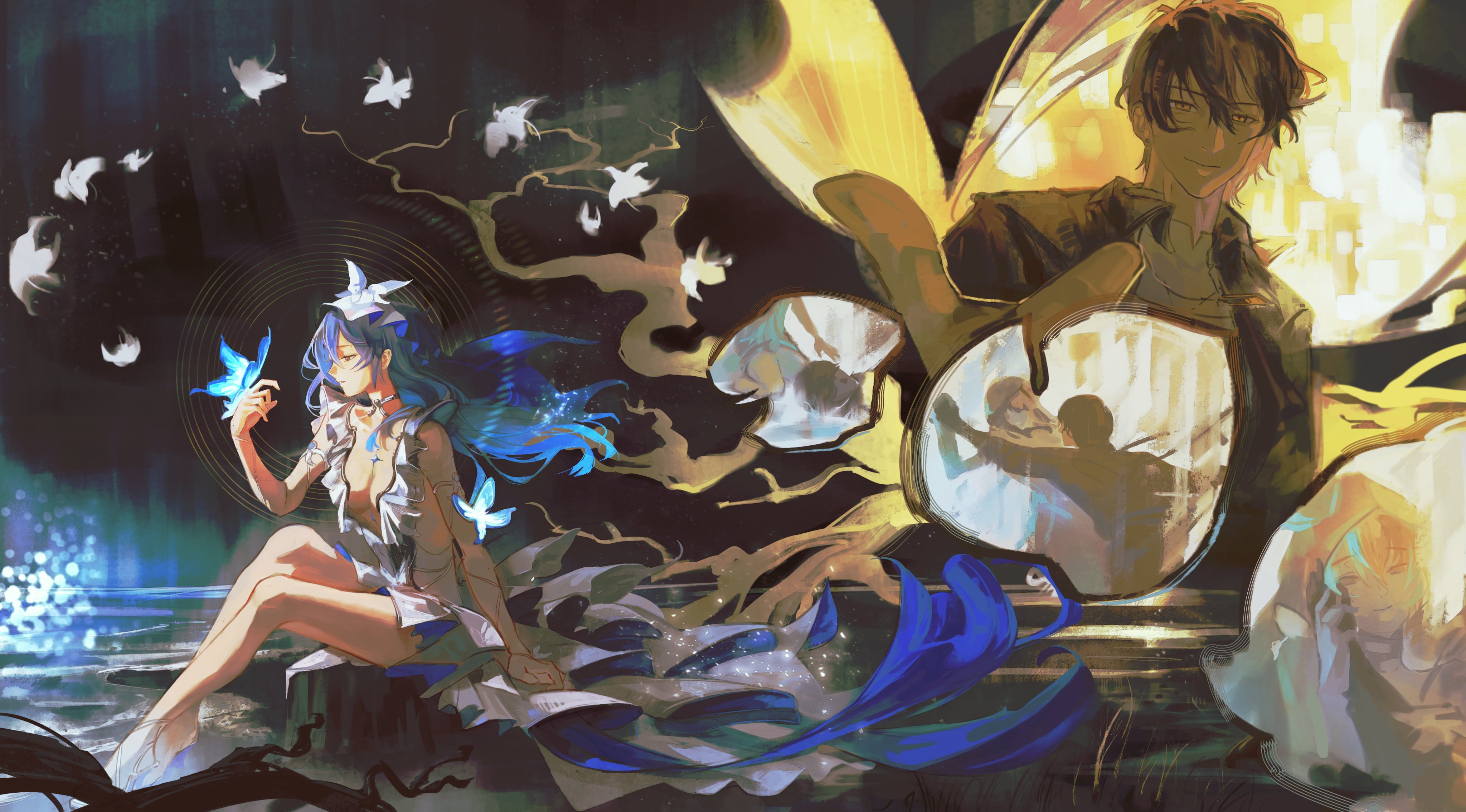 guii1210, male rover (wuthering waves), rover (wuthering waves), shorekeeper (wuthering waves), wuthering waves, absurdres, commentary, english commentary, highres, 1boy, 1girl, armlet, black hair, blue butterfly, blue hair, breasts, bug, butterfly, butterfly on hand, dress, insect, jewelry, long hair, medium breasts, offering hand, scene reference, sitting, sleeveless, sleeveless dress, veil, white dress, white veil, yellow eyes