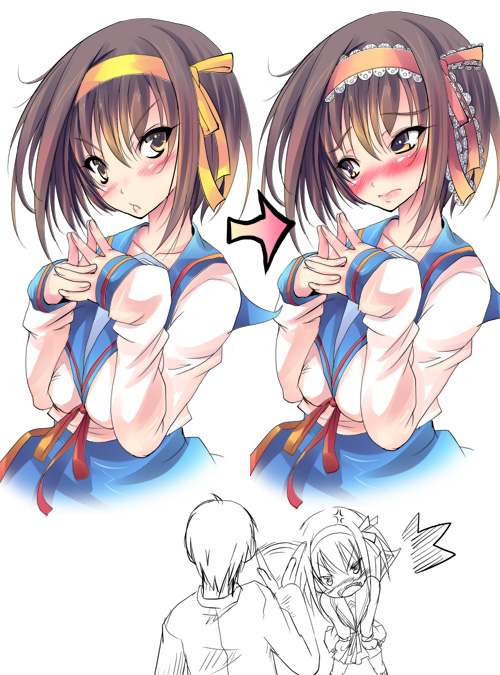 shiranagi, kyon, suzumiya haruhi, suzumiya haruhi no yuuutsu, 00s, 1boy, 1girl, anger vein, blush, sketch, tsundere