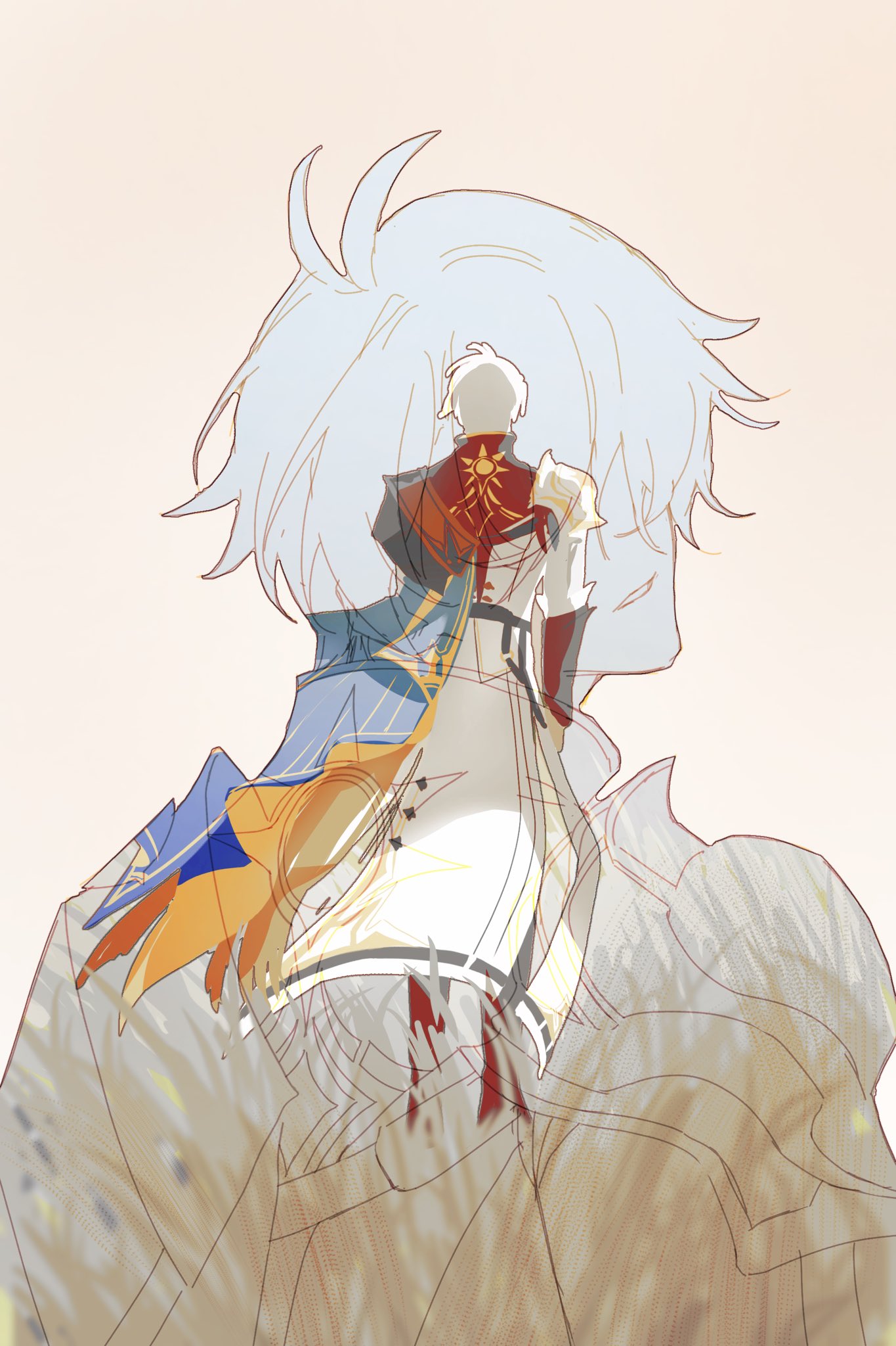 phainon (honkai: star rail), honkai: star rail, honkai (series), highres, 1boy, antenna hair, armor, back, blue cape, cape, coat, full body, grey hair, khakha240478476, male focus, multiple views, pauldrons, short hair, shoulder armor, single pauldron, smirk, solo, teeth, two-sided cape, two-sided fabric, upper body, white coat, yellow cape