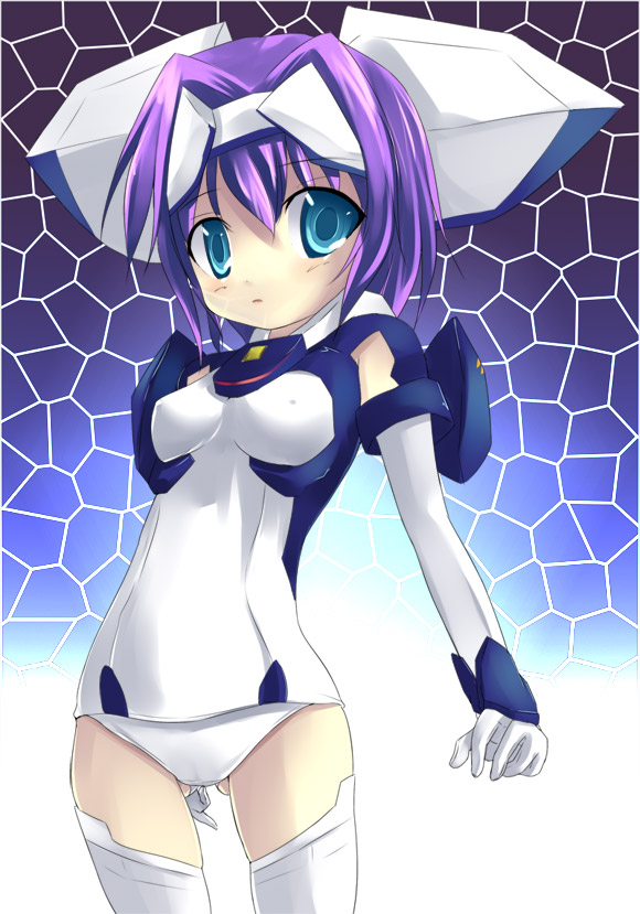 kuro (be ok), exelica, original, trigger heart exelica, 1girl, blue eyes, female focus, mosaic background, one-piece swimsuit, purple hair, school swimsuit, solo, swimsuit, thighhighs, white one-piece swimsuit, white school swimsuit, white thighhighs, zettai ryouiki