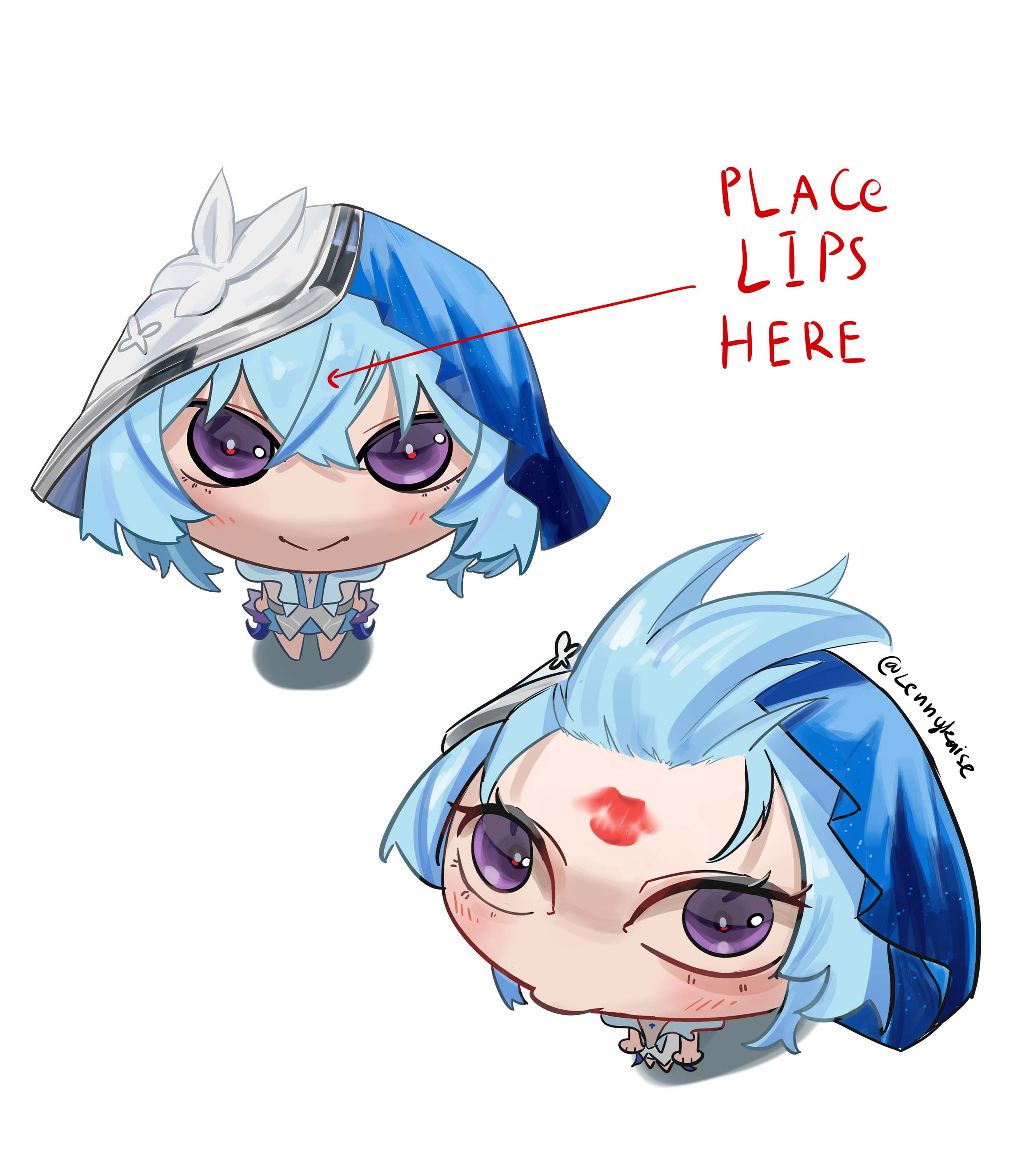 lennykaise, shorekeeper (wuthering waves), wuthering waves, absurdres, commentary, highres, symbol-only commentary, 1girl, blue hair, blue veil, chibi, chibi only, closed mouth, dress, english text, from above, hair pulled back, implied yuri, lipstick mark on forehead, looking at viewer, looking up, multiple views, purple eyes, simple background, smile, twitter username, two-tone veil, veil, white background, white dress, white veil