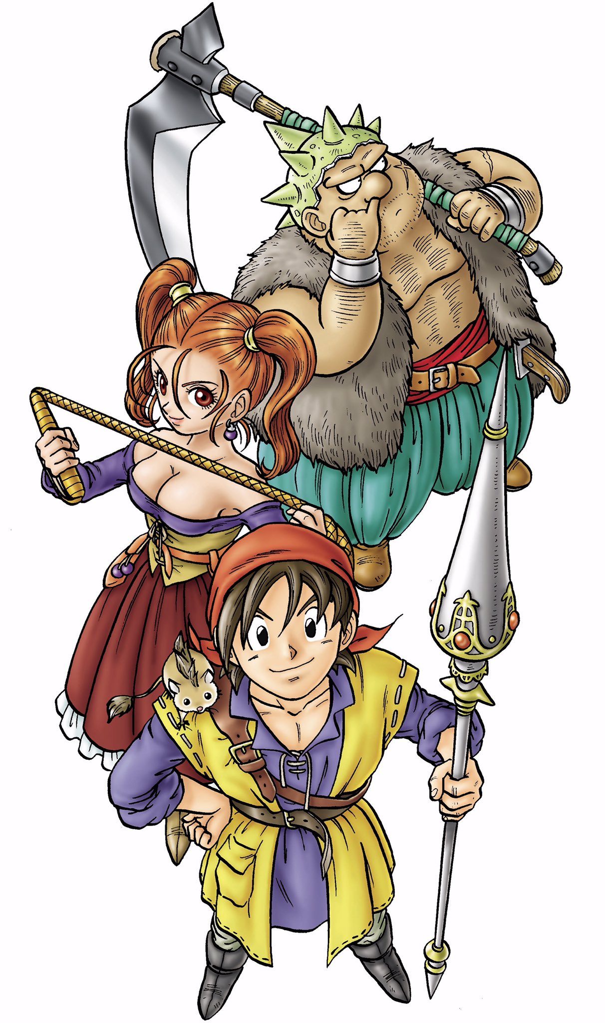 murakami yumiko, hero (dq8), jessica albert, munchie (dq8), yangus, dragon quest, dragon quest viii, commentary request, highres, official art, 1girl, 2boys, animal, animal on shoulder, aqua pants, arm hair, bandana, belt, black boots, black eyes, blue shirt, boots, bracelet, breasts, brown belt, brown hair, brown shoes, chest hair, cleavage, cross scar, earrings, facial hair, facial scar, from above, fur vest, hand on own hip, holding, holding polearm, holding scythe, holding weapon, holding whip, jewelry, lance, large breasts, looking at viewer, looking to the side, looking up, multiple boys, nose picking, off-shoulder shirt, off shoulder, orange bandana, orange eyes, orange hair, pants, plump, polearm, purple shirt, red sash, red skirt, sash, scar, scar on arm, scar on cheek, scar on face, scythe, shirt, shoes, short hair, sideboob, skirt, sleeves rolled up, smile, sphere earrings, spiked helmet, stubble, toriyama akira (style), twintails, vest, weapon, white background, yellow corset, yellow vest